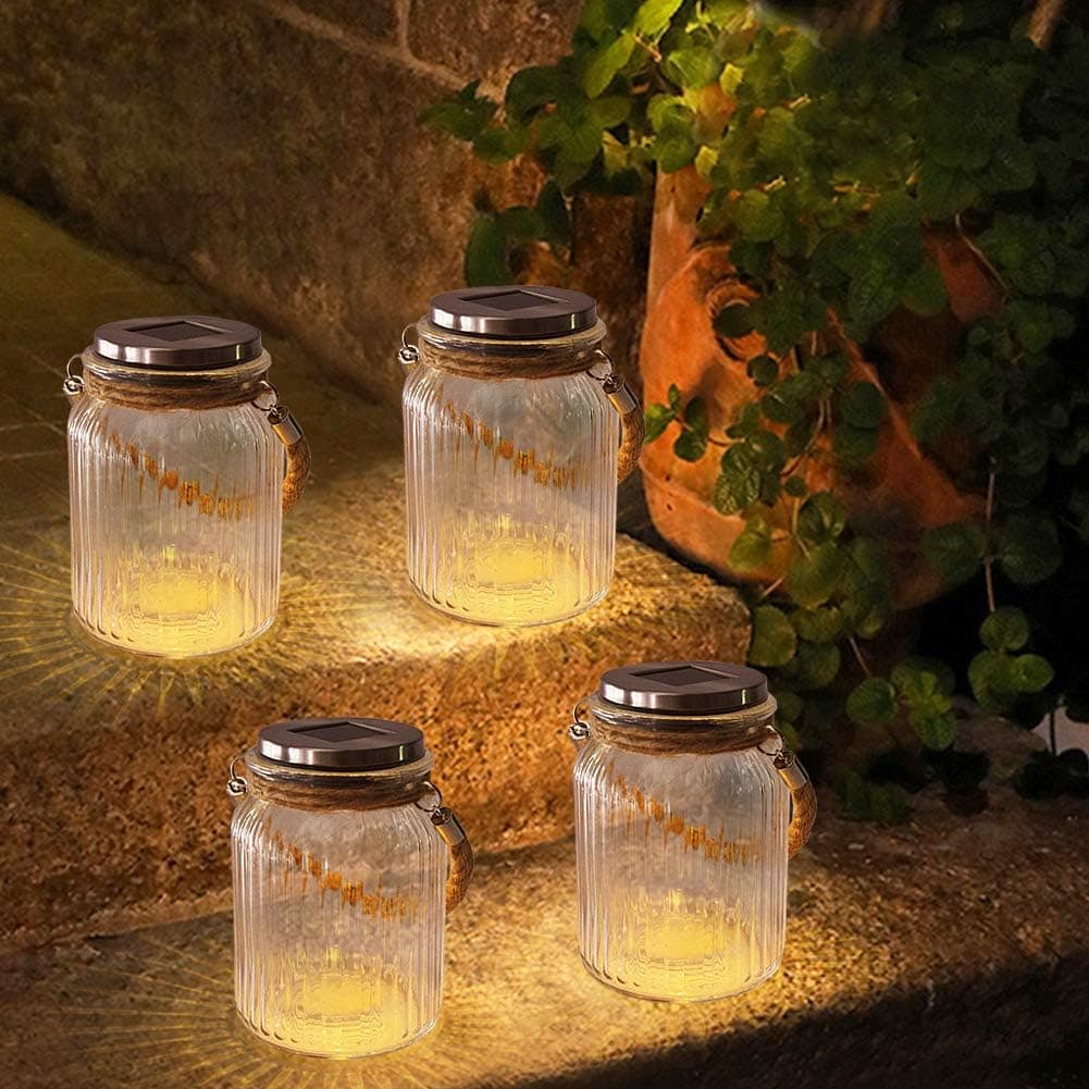 Bright Zeal 4-Pack 6" Mason Jar Solar Lights Outdoor Pathway Warm White LED - Hanging Solar Mason Jar Lights Outdoor Waterproof Decorative Mason Jar Solar Lantern Lights for Porch - LED Garden Decor