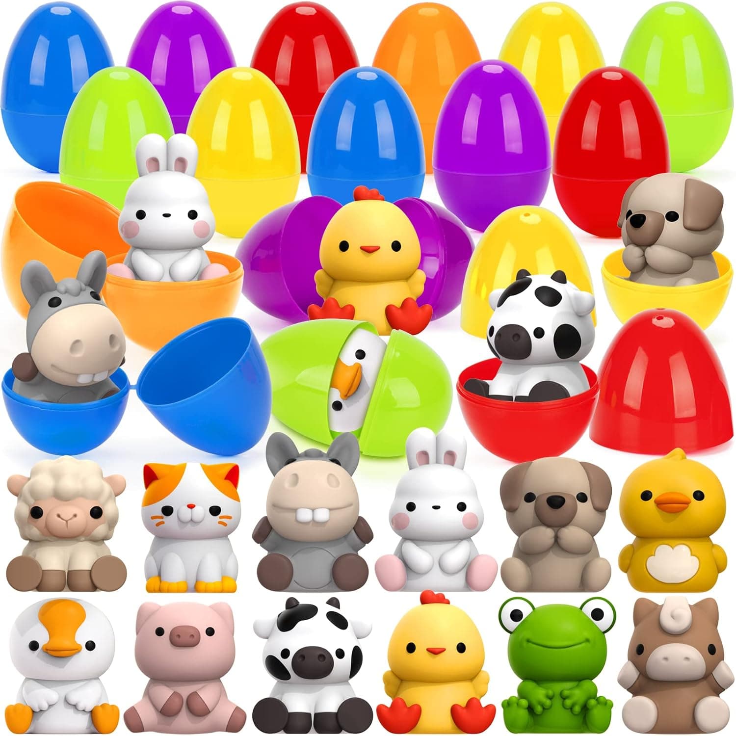 Aigybobo 24 PCS Prefilled Easter Eggs with Farm Animal Finger Puppets, Plastic Easter Eggs with Toys Inside for Kids Toddlers, Easter Basket Stuffers Gifts Party Favors and Classroom Prize Supplies