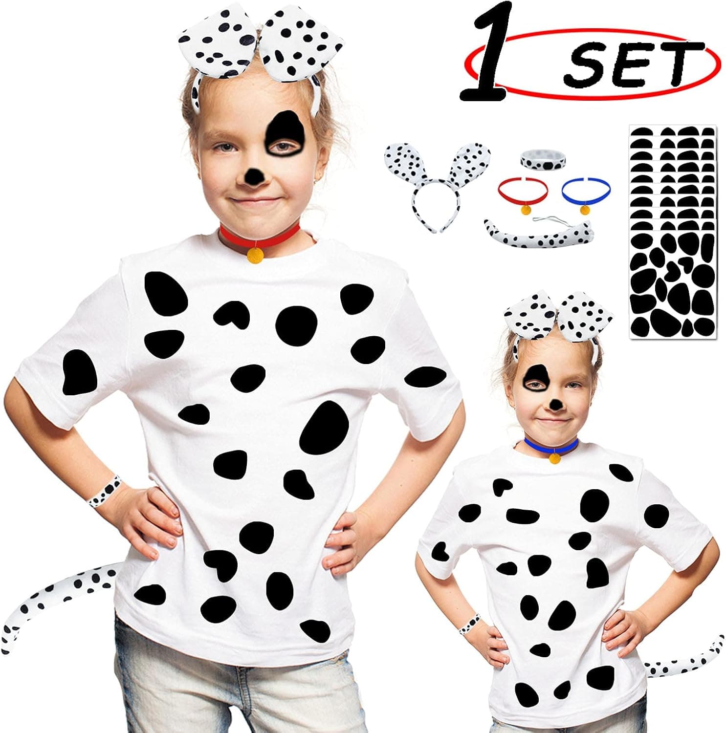 Dalmatian Dog costume Ear Headband,Tail, Body Painting Crayons, Silicone bracelet, Gold Tag and 72 Different Shapes Black Felt Stickers for Halloween DIY Projects Costume (All in One)