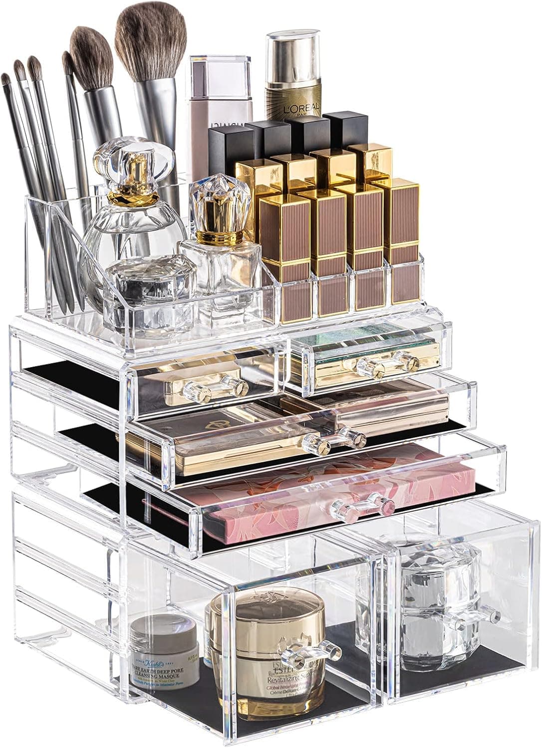 DreamGenius Makeup Organizer 3 Pieces Acrylic Cosmetic Storage Drawers Organizer for Vanity and Bathroom, Stackable Cosmetic Organizer Countertop with 6 Drawers