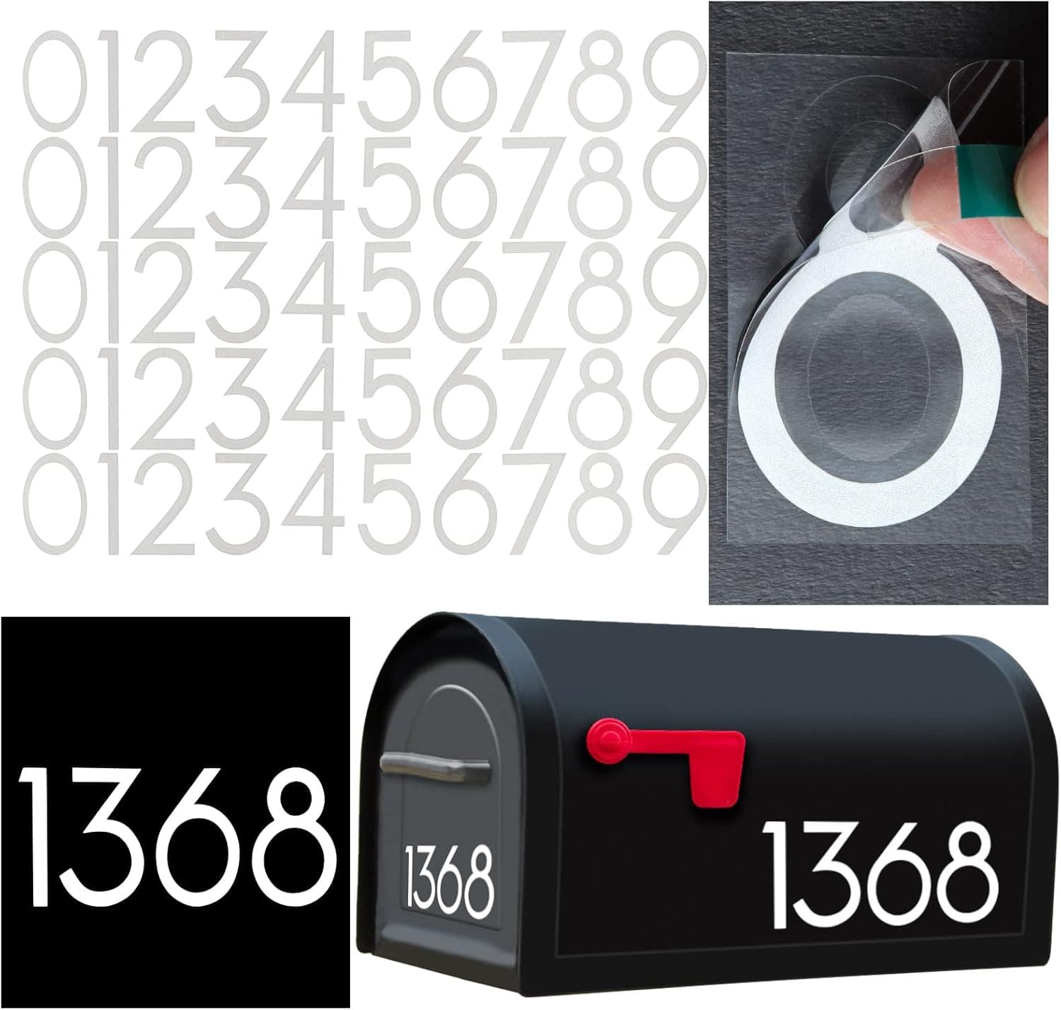 Reflective Mailbox Numbers for Outside, 5 Sets Number Stickers with Sticky Tabs for Easy Backing Peeling, Pre-cut for Effortless Align, Strong Self Adhesive Vinyl House Numbers for Mailbox Address Trash Bin Hard Hat (4 inch, 5 sets)