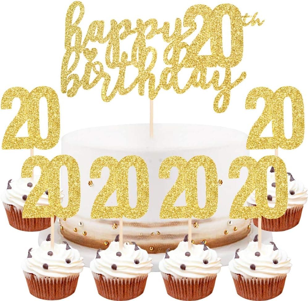 LVEUD Golden Glitter Happy 20th Birthday Cake Topper,Digital 20 Paper Cup Cake Topper,20th Birthday Party Cake Decoration Dessert Table Decorations(7 Piece Set)