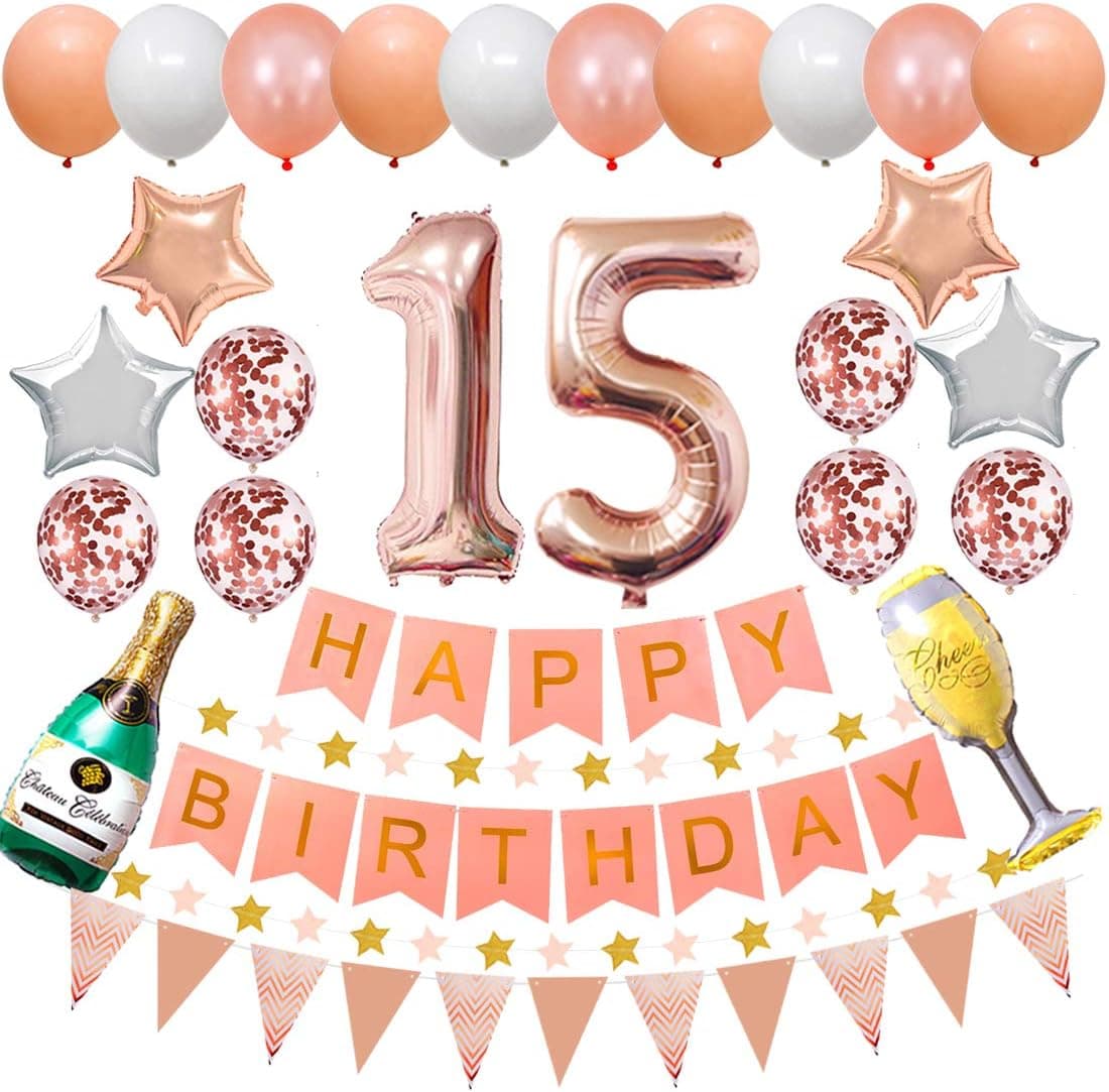 Happy 15th Birthday Party Decorations Rose Gold Latex and Confetti Balloons Happy Birthday Banner Foil Number Balloons and More For 15 Years Old Birthday Party Supplies (colorpartyland)