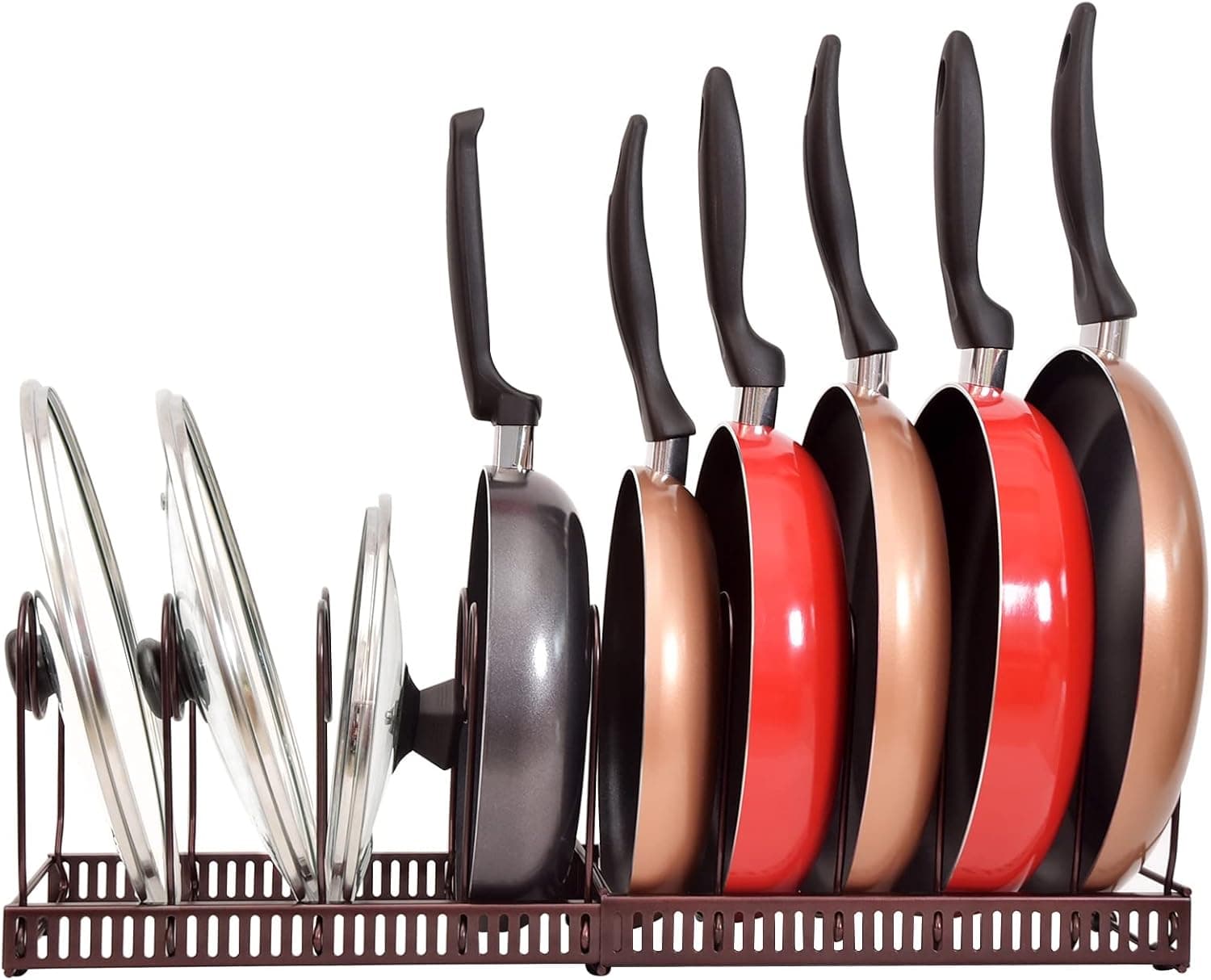 JANFOUR Expandable Pots and Pans Organizer Rack, 10+ Pans and Pots Lid Organizer Rack for Cabinet and Kitchen Counter, Kitchen Pantry Bakeware Holder with 10 Adjustable Compartments (Copper)