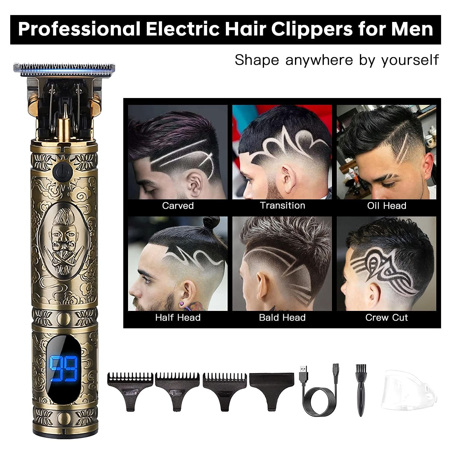 Copoki Hair Clippers for Men, Professional Electric Haircut Kit Zero Gapped Beard Trimmer with LED Display Amount of Electricity, Cordless Rechargeable T-Blades Outliner Grooming (BronzeT)