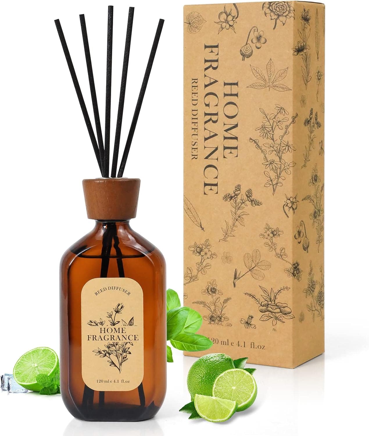 Reed Diffuser, Lemongrass & Lime Reed Diffuser Scented Includes 6 Rattan Scented Sticks Diffuser Reeds, Elegant Amber Glass Reed Diffuser for Home Fragrance and Valentines Days Gift