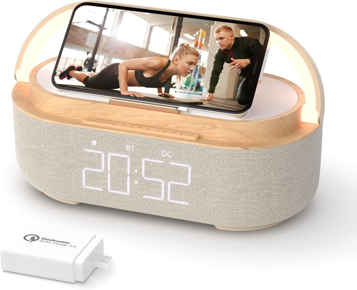 COLSUR【2023 Newest Bluetooth Speaker with Digital Alarm Clock, Wireless Charger, FM Clock Radio, Adjustable LED Night Light, Dual Wireless Speakers,2500mAh Battery for Bedroom,Home, Adaptor (Wooden)
