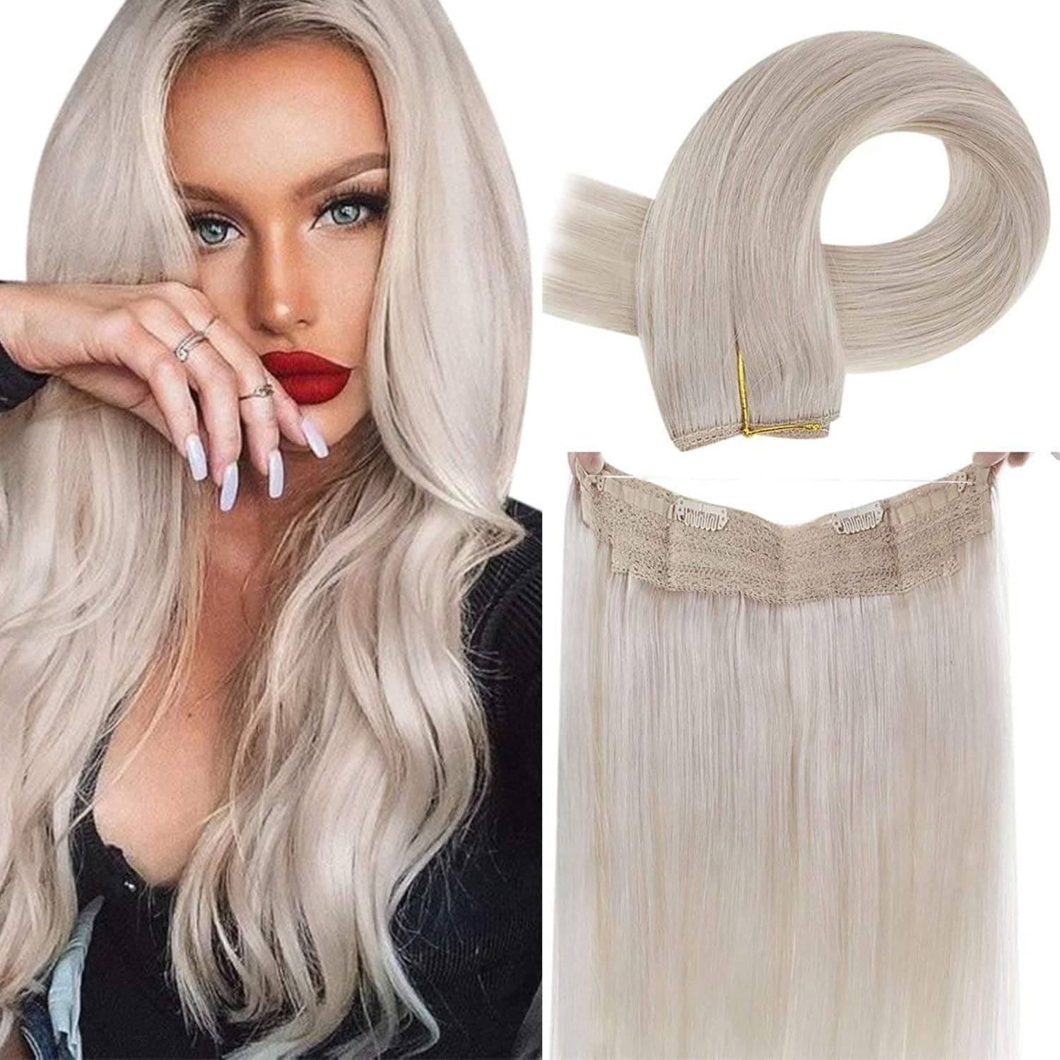 Halo Human Hair Extensions White Blonde Halo Real Hair Extensions Secret Halo Blonde Hairpiece Thick Straight Halo Hair Extensions with Fish Line Hidden Crown 80g 12"