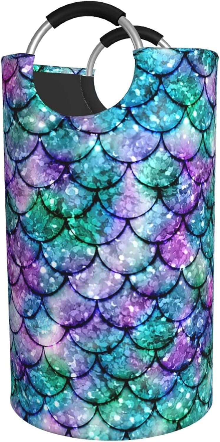Duduho 82L Large Laundry Hamper Glitter mermaid scales Laundry Basket with Handles, Round Storage Organizer Waterproof Tall Foldable Bucket Washing Bin for Toys Clothes