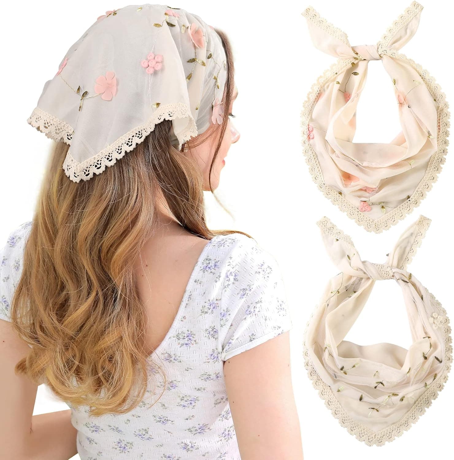 AWAYTR 2Pcs Floral Hair Bandanas Tie-back Head Kerchief for Women Flower Mesh Hair Scarves Lightweight Triangular Head Scarf