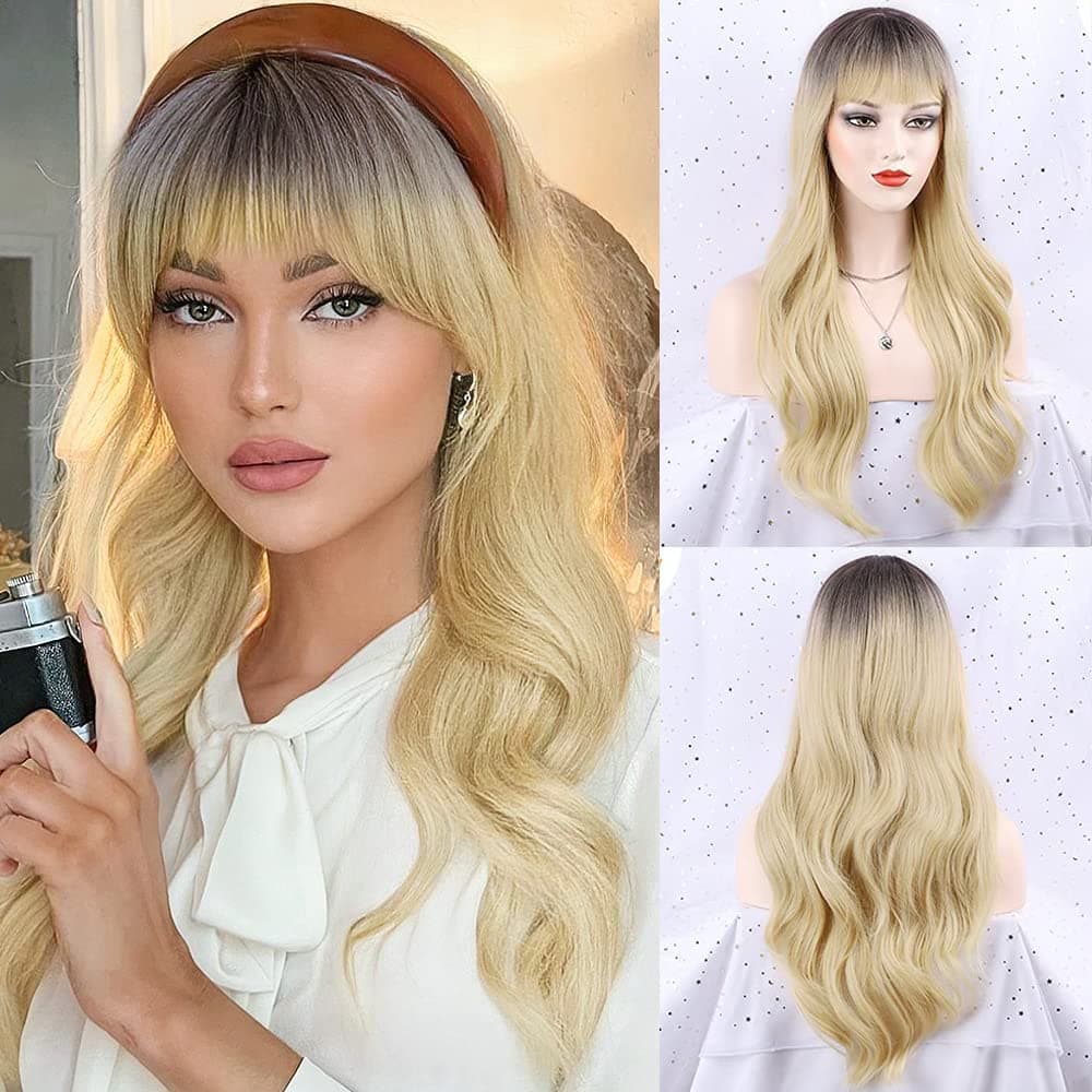 FORCUTEU Blonde Wig with Bangs Long Blonde Ombre Wig Blonde Wavy Wigs for Women Blonde Heat Resistant Wigs for Daily Party (Blonde 24inch)