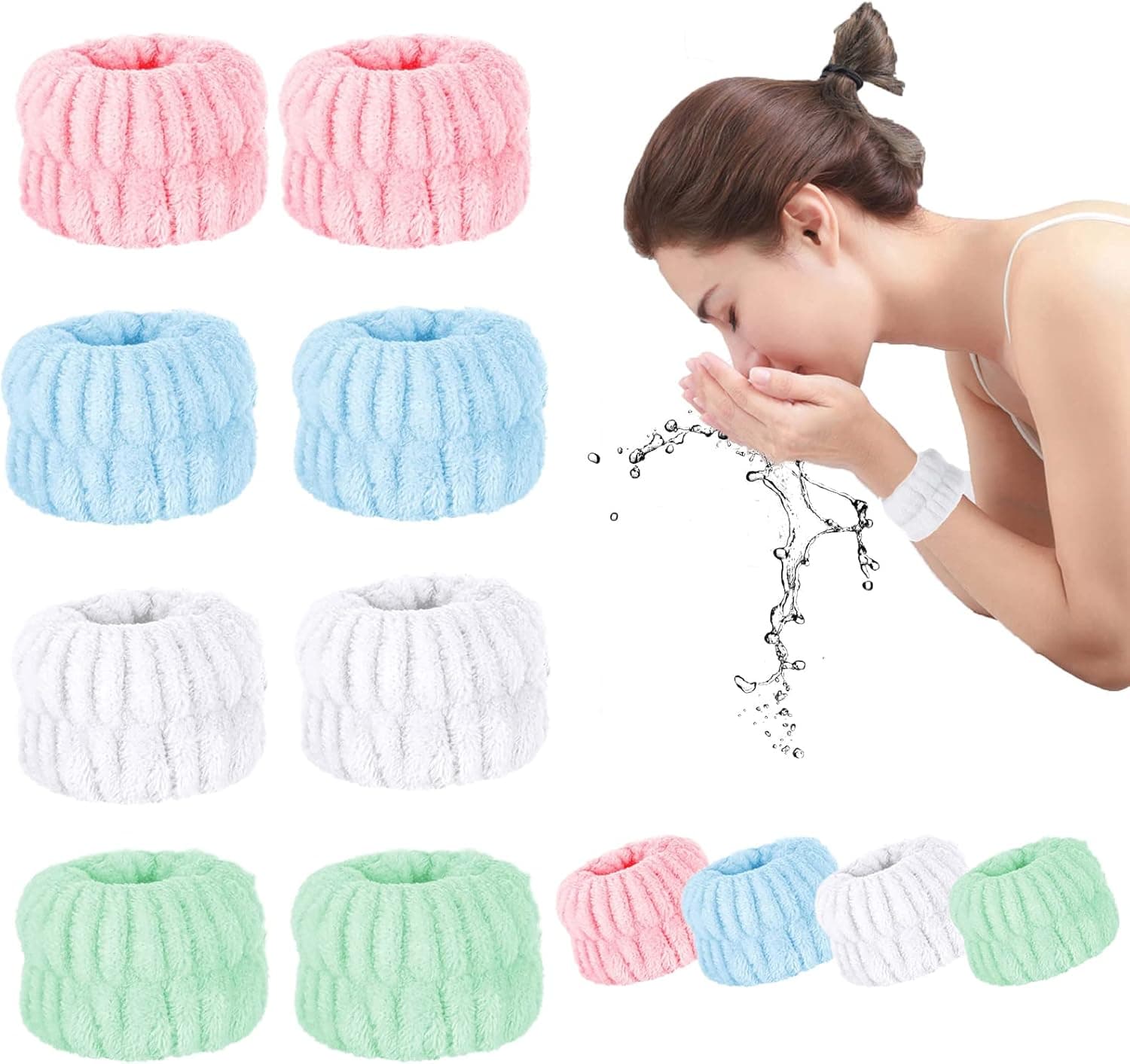 B BIBYKIVN 4 Pairs Face Washing Wristbands-Absorbent Wristband for Washing Face Microfiber Wrist Wash Band Towel, Makeup Skincare Yoga Sport Prevent Liquids Spilling Down Arm (White Pink Blue Green)