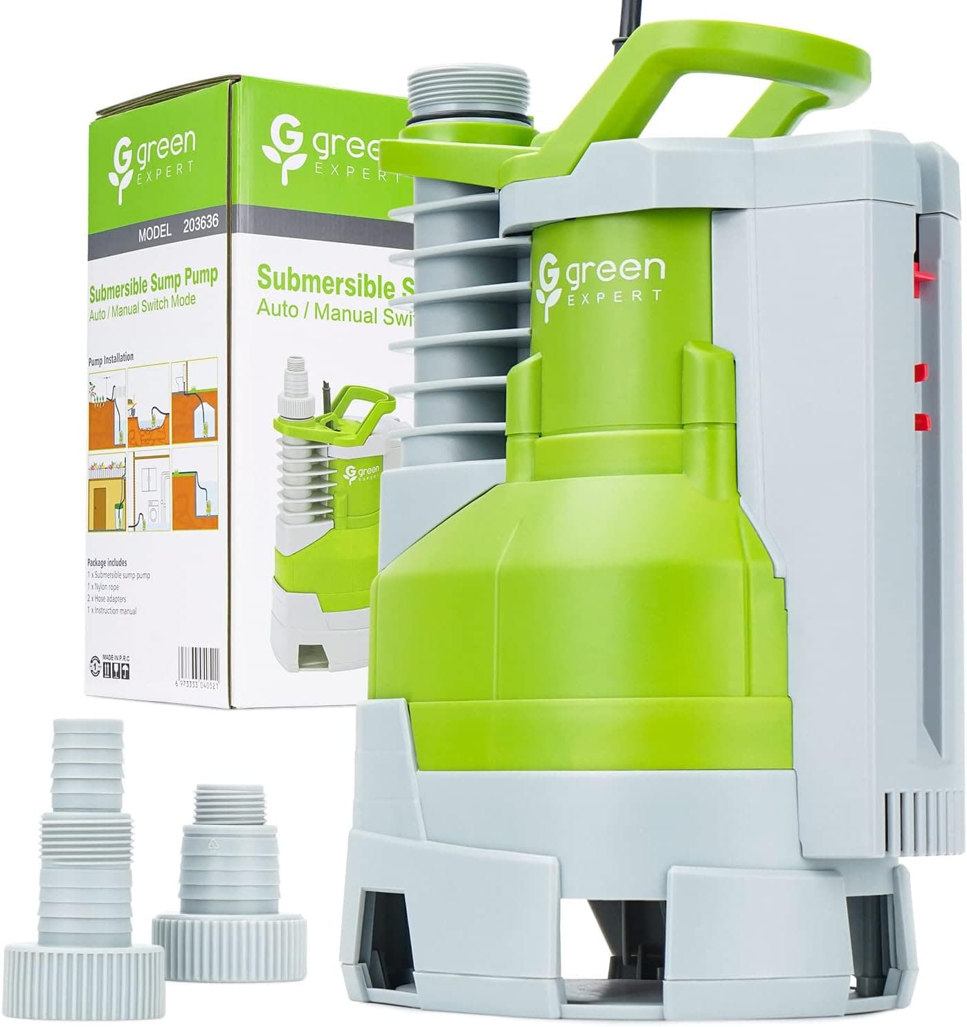 Green Expert 1HP Sump Pump High Flow 4000GPH 25FT Power Cord Stable Built-in Switch Manual Automatic On Off Switchable for Quickly Water Removal Easy to Drain Pools Hot Tub Flooded House Garden