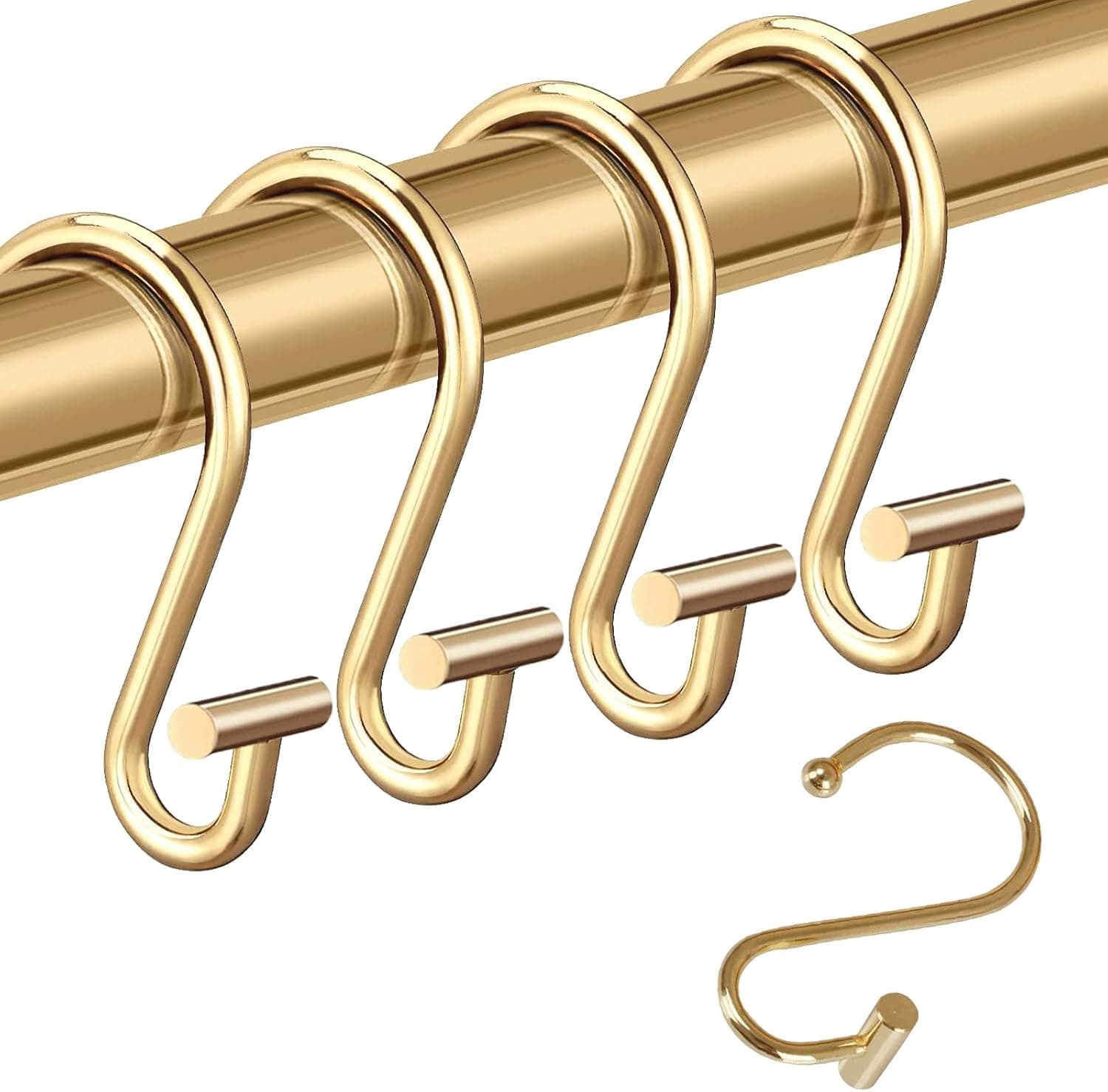 Decorative Shower Curtain Hooks Rust Proof for Bathroom, 12pcs Premium Rust Resistant Hooks Glide Shower Ring Hang Holder T Shape Hooks for Living Room (Gold)