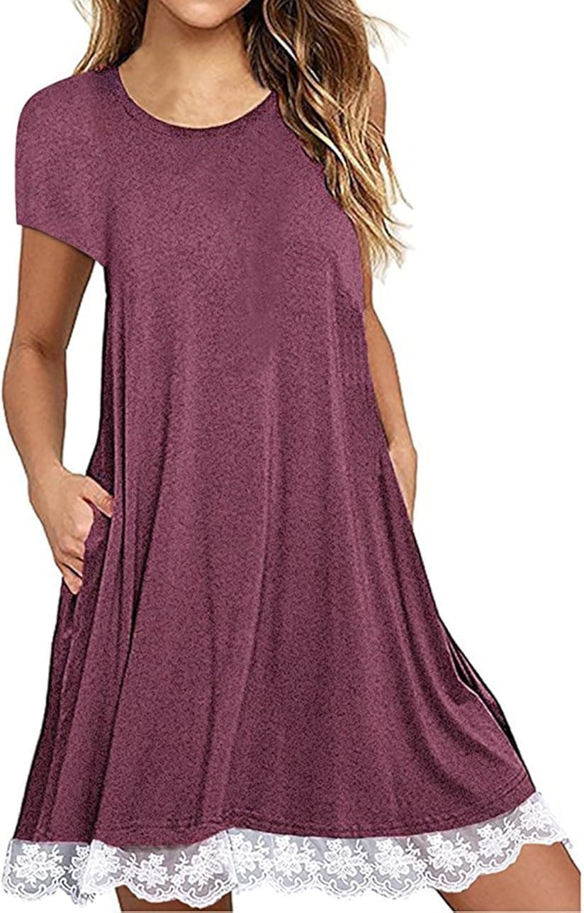 LovInParis Women's Short Sleeve Lace Dress Casual Loose T-Shirt Dresses with Pockets A8005