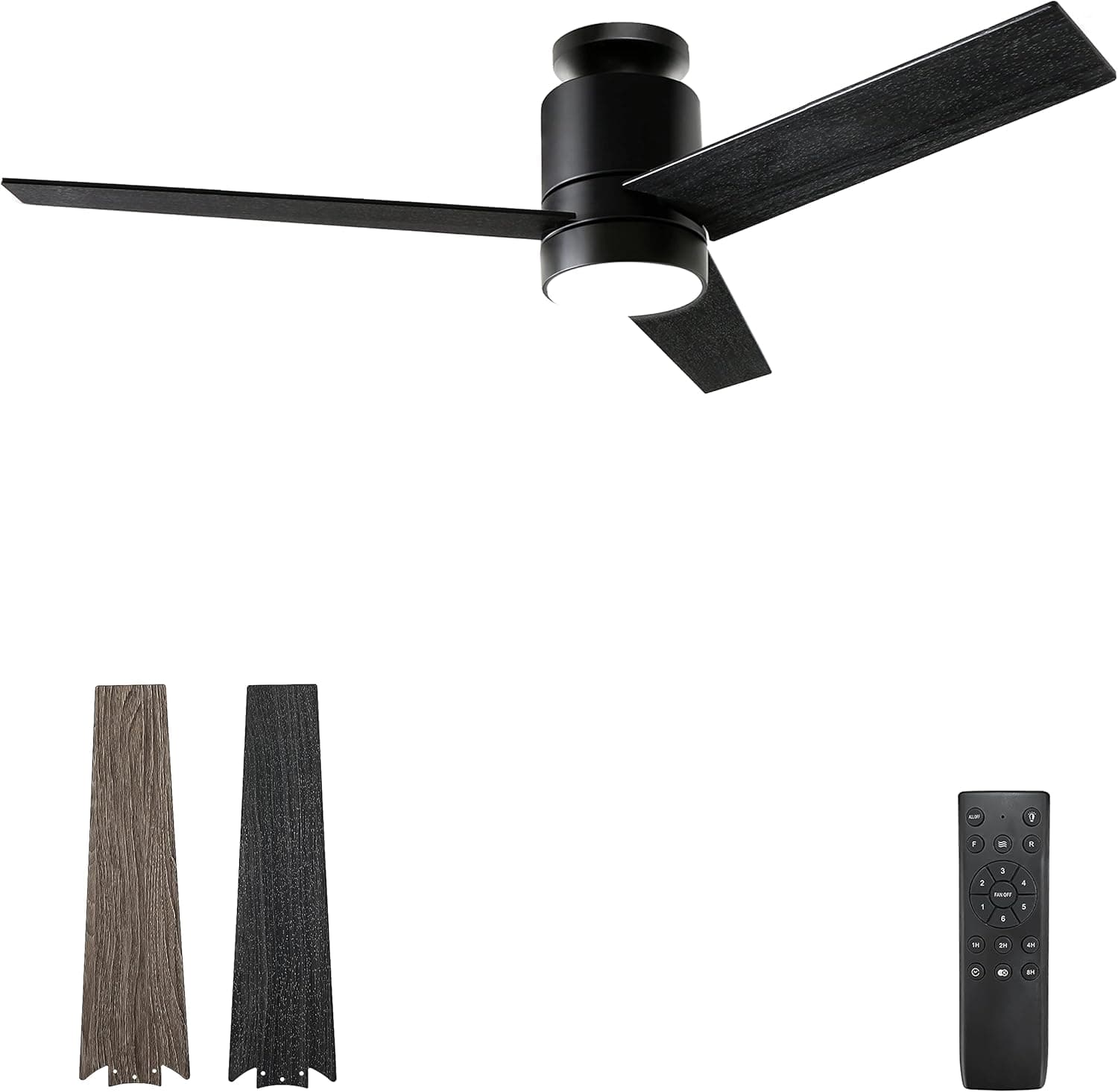 Ceiling Fans with Lights Flush Mount, 52 Inch Modern Black Ceiling Fan with Light and Remote Control - 3 Wood Blades LED Ceiling Fan Low Profile Ceiling Fan Light, 6 Speeds, Noiseless and Timing