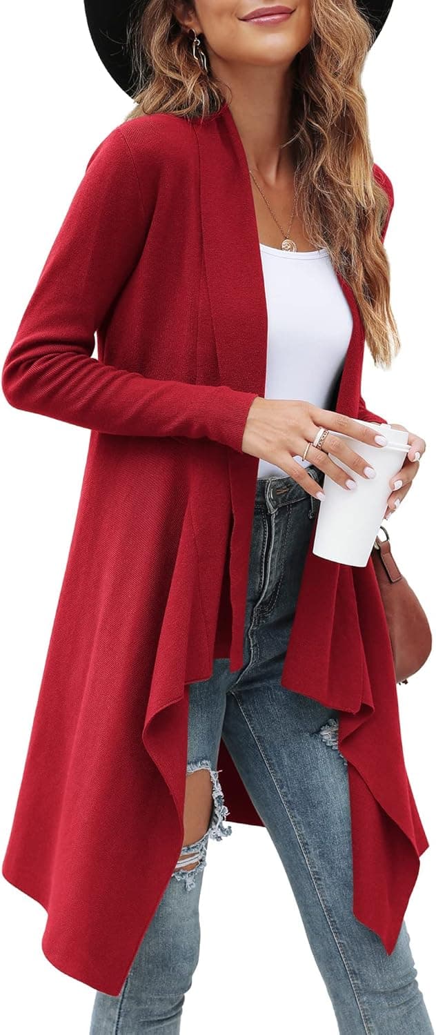 QVESELU Women's Button Front Long Cardigan with Pockets High Low Hem Rib Striped Outerwear Sweaters