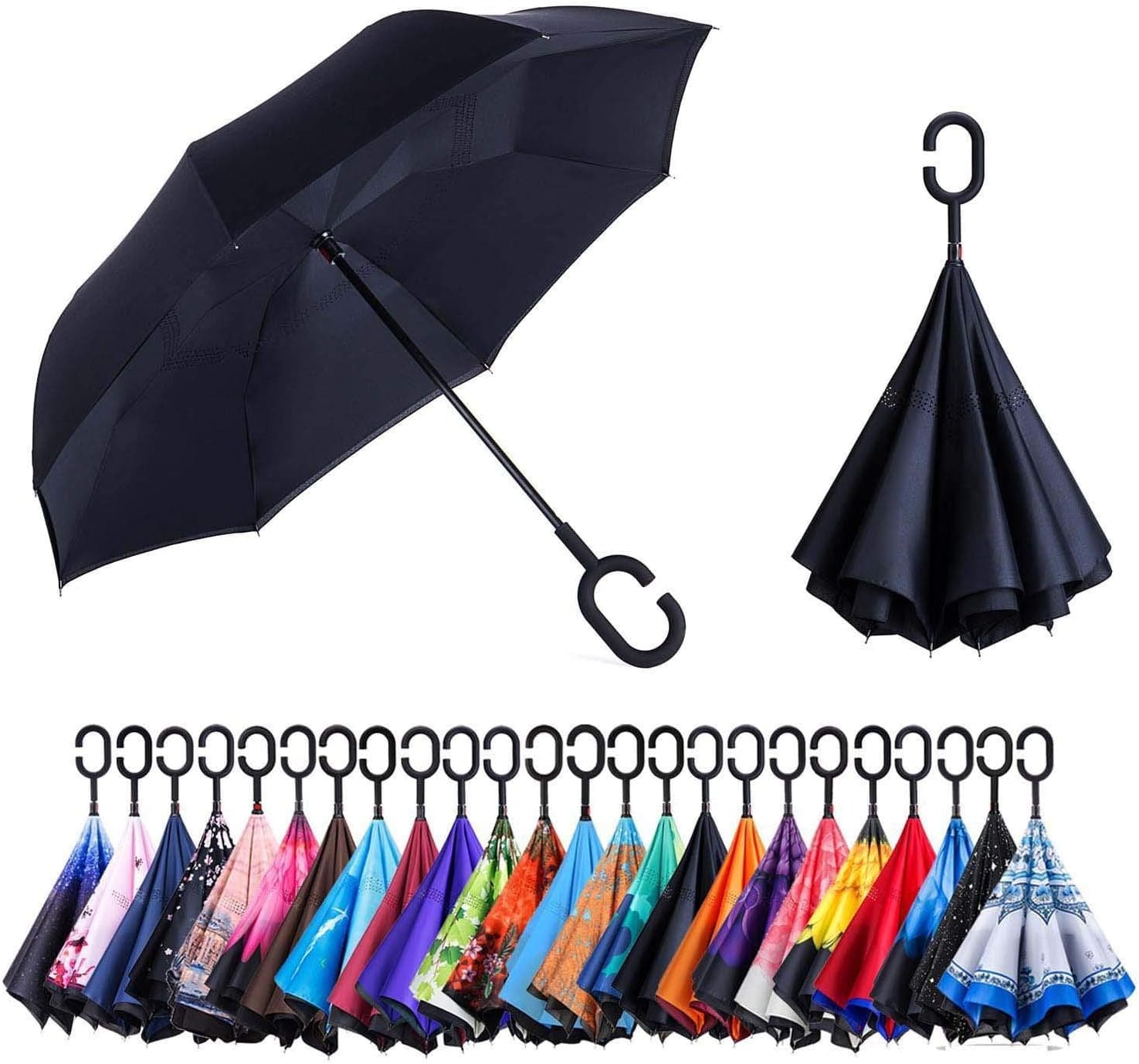 Newsight Reverse Umbrella, Double Layer Inverted Umbrella Upside Down, Self Stand, C Shape Handle, Inverse Inside Out Folding for Car, Windproof, Waterproof, Sun Protective (Black_Idea)