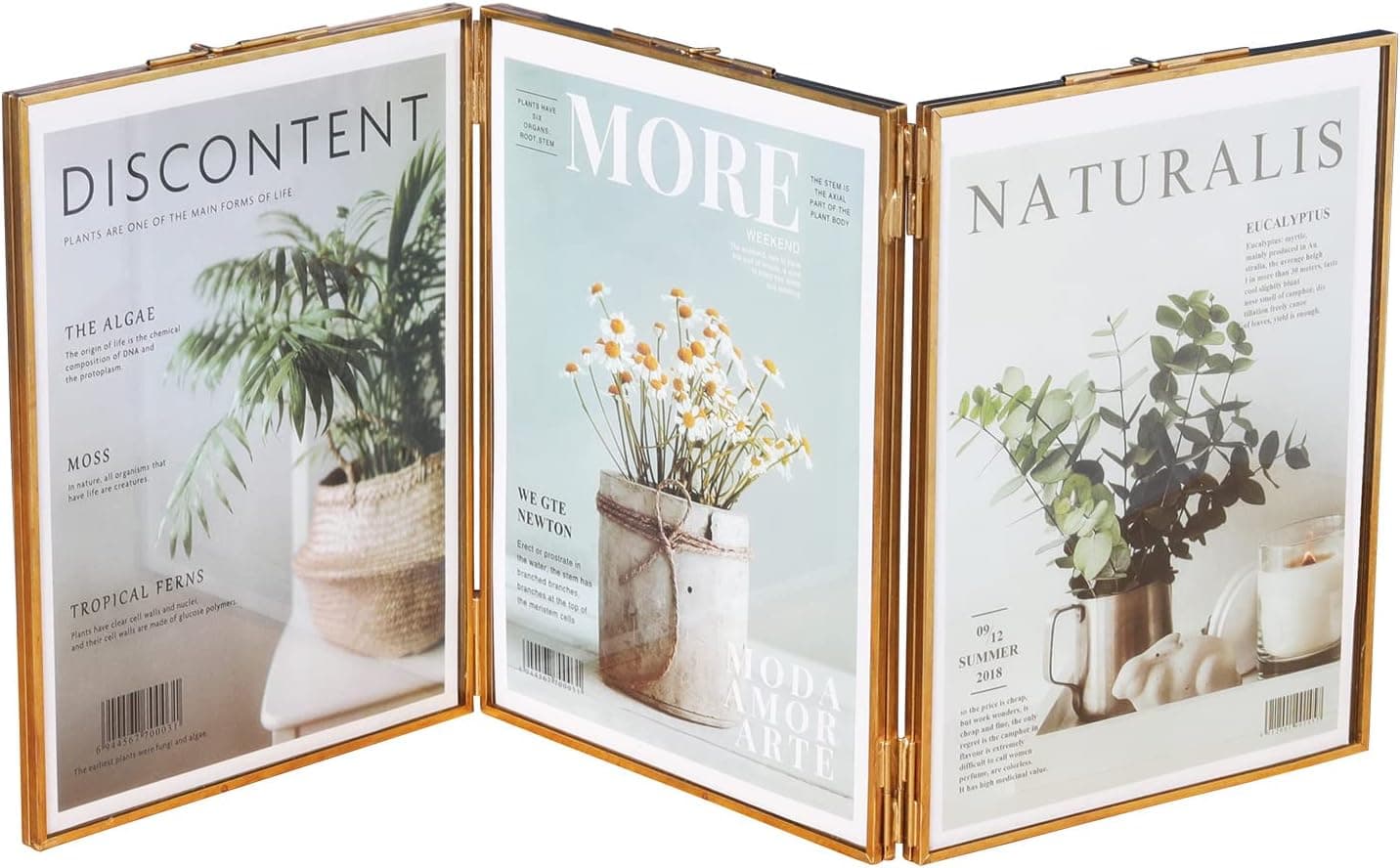 LONGWIN 6x8 Hinged Triple Pictures Frames 3 Folding Gold Brass Photo Frame with High Definition Glass Stand Vertically on Tabletop Memorial Picture Frame