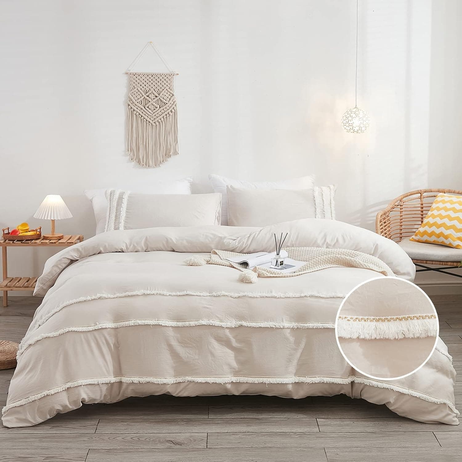 Bedbay Beige Cream Duvet Cover King Size Minimalist Boho Bedding Set Tufted Tassel Macrame Beige Boho Duvet Cover 3 Pcs with Zipper Ties,No Comforter(King,Beige)
