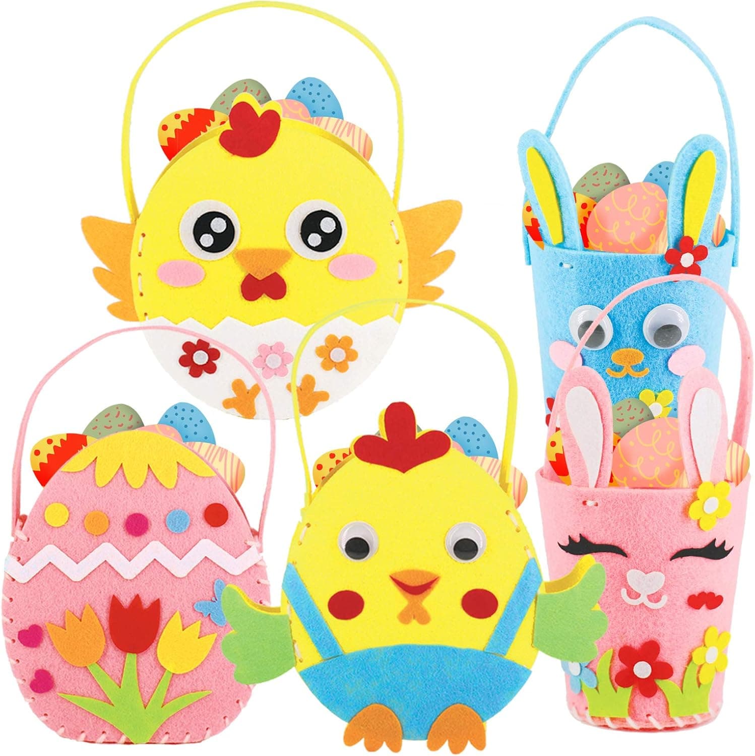 Redpigoon Easter Baskets for Kids, 5 PCS Easter Decorations DIY Craft Felt Sewing Kit for Girls, Include 3 Easter Baskets, 2 Bunny Bags, Easter Gifts Toy for Kids to Improve Hands-on Skills