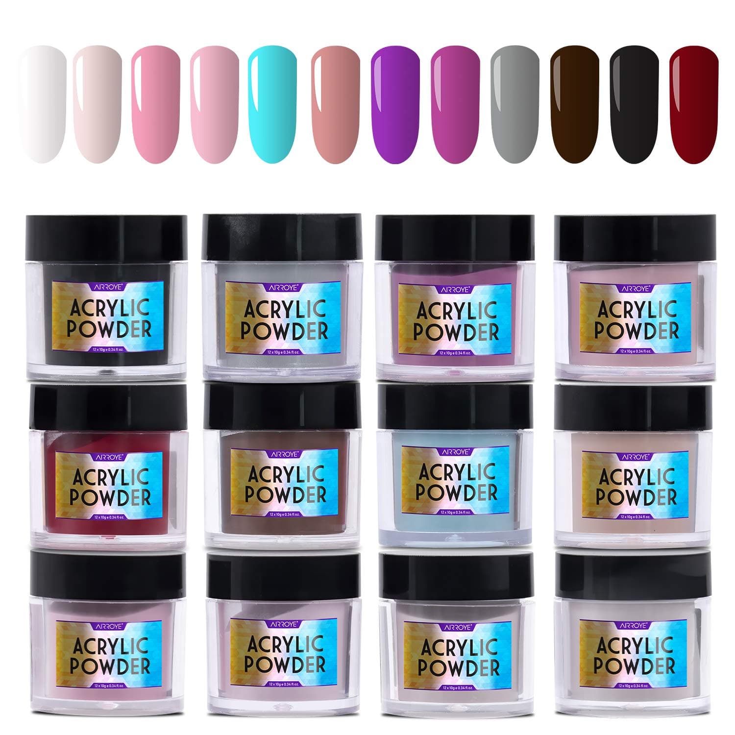 Acrylic Powder set of 12 Colors, Nail Extension, Non-Yellowing Formula, Acrylic Nail Art, DIY Nail Art