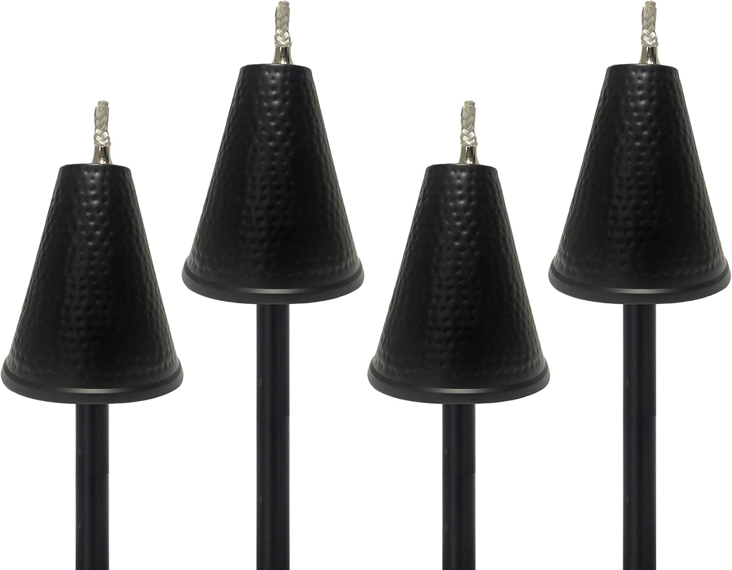 Legends Direct Set of 4, Premium Metal Torches, 54" Tall- Tiki Style/w Snuffer, Fiberglass Wick & Large 32oz Oil Lamp, Stylish Luau Flame Torches (Hammered Black)