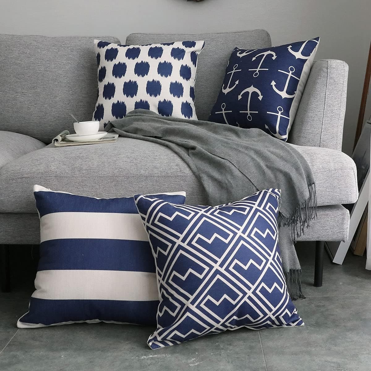 FanHomcy 4 Pack Cushion Covers Simple Geometric Decorative Throw Pillow Cases for Sofa 18 x 18 Inch, 1x Anchors + 1x Dots + 1x Stripe + 1x Shakes (Navy Blue)