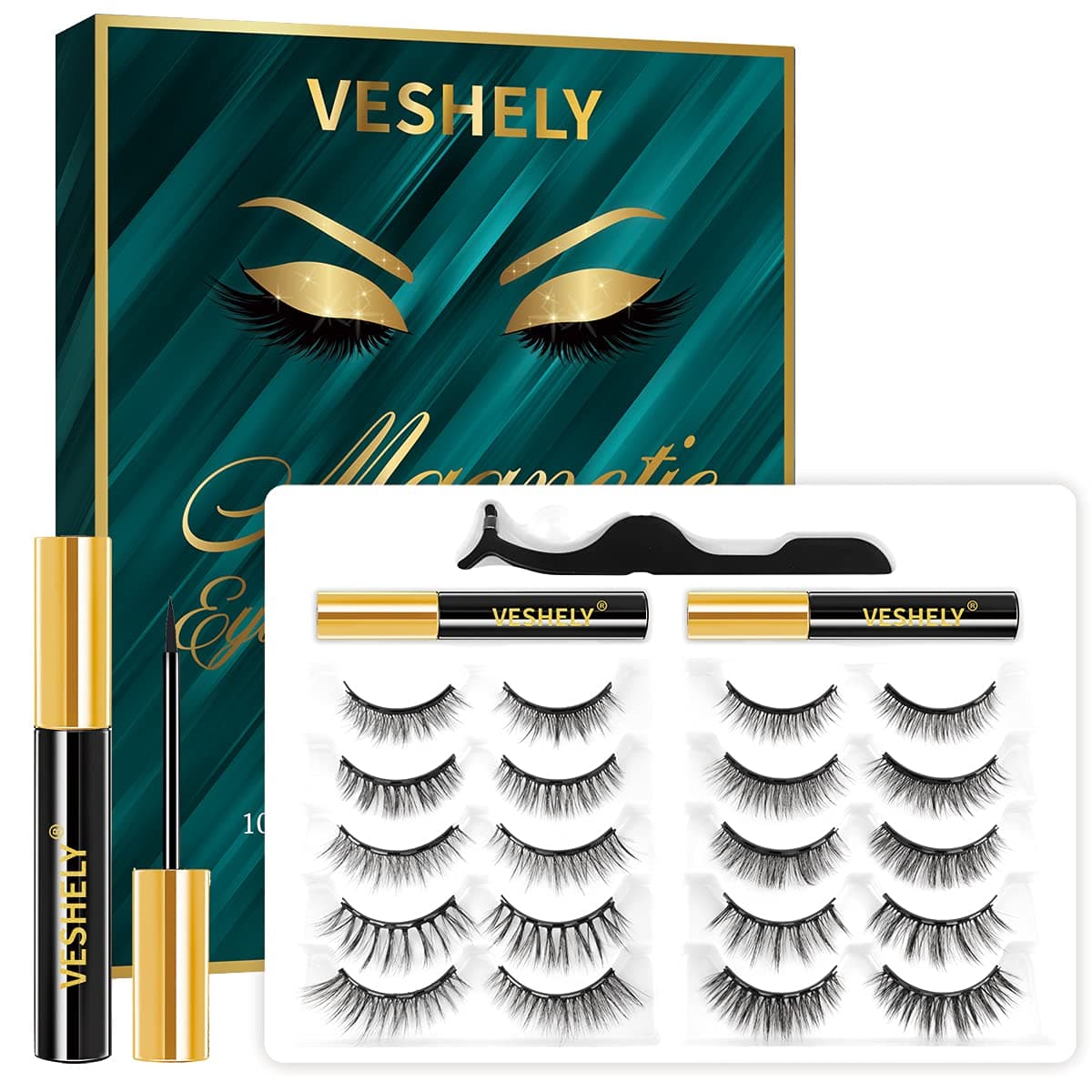 VESHELY Magnetic Eyelashes with Eyeliner,Natural Looking Magnetic Eyelash Kit Waterproof,10 Pairs 3D/6D False Fake Eye Lashes Sets Pack and 2022 Upgrade Liners - Easy to Remove