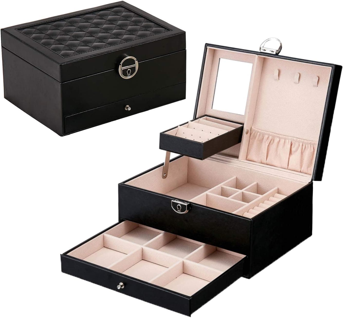 Lrker Black Jewelry Wooden Velvet Box Display Bracelet Ring Organizer with Lock Mirror, Necklace Watch Storage Case PU Leather Decorative Stud Brooch Earring Holder for Women Girl Lady Teen Gift