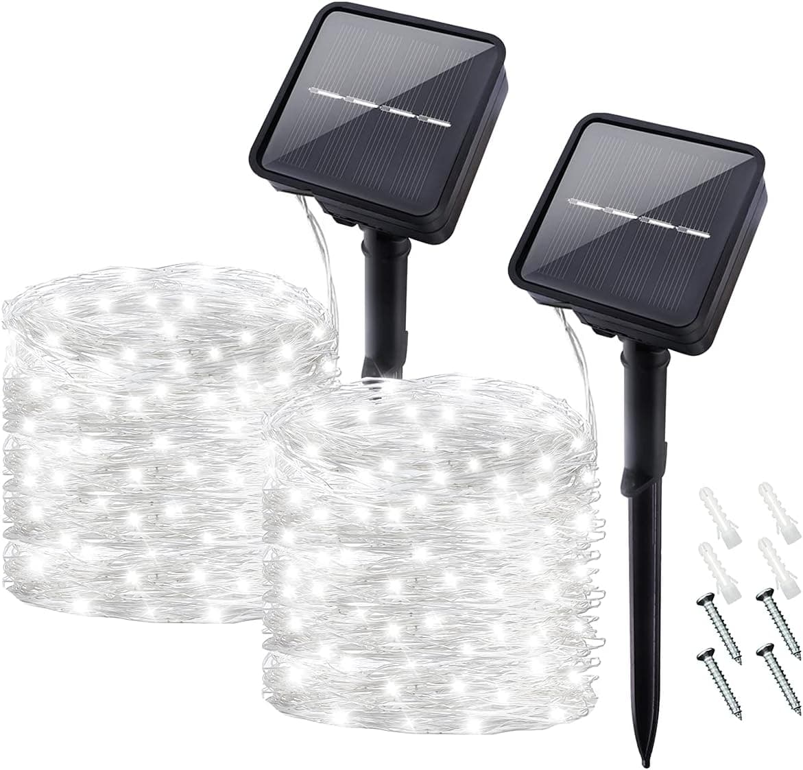 Solar String Lights, Waterproof Solar Powered Lights, 34Ft 100 LED with 8 Lighting Modes Copper Wire Lights for Outdoor Garden Patio Wedding Party Decoration 2 Pack (White)