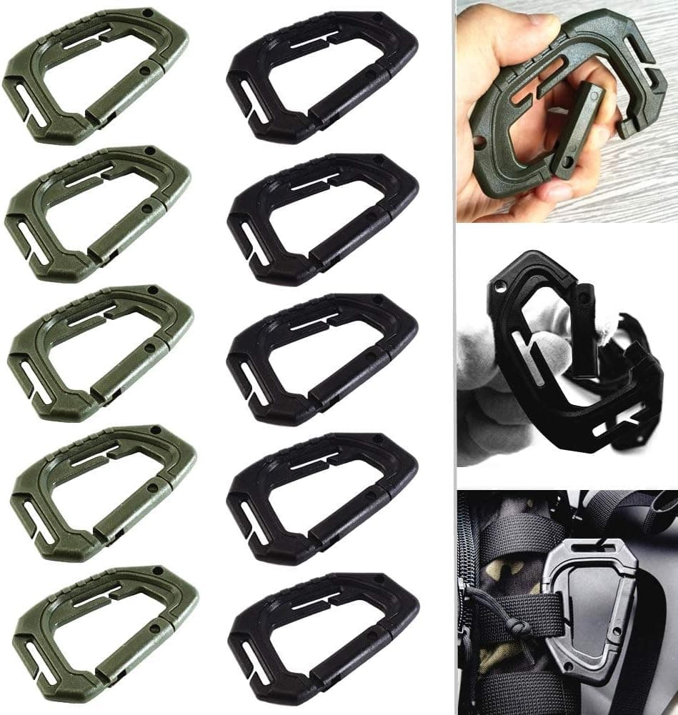 10Pcs Multipurpose Molle Tactical D Ring Clips Carabiner D-Ring Locking Buckle Hanging Hook Tactical Carabiner Keychain Spring Lock Buckle Tactical Backpack (Black&Army Green)