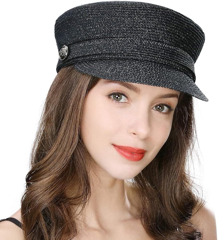 Jeff & Aimy Ladies Lightweight Straw Visor Beret Newsboy Baker Boy Beach Sun Hat Stylish Cap Navy Blue