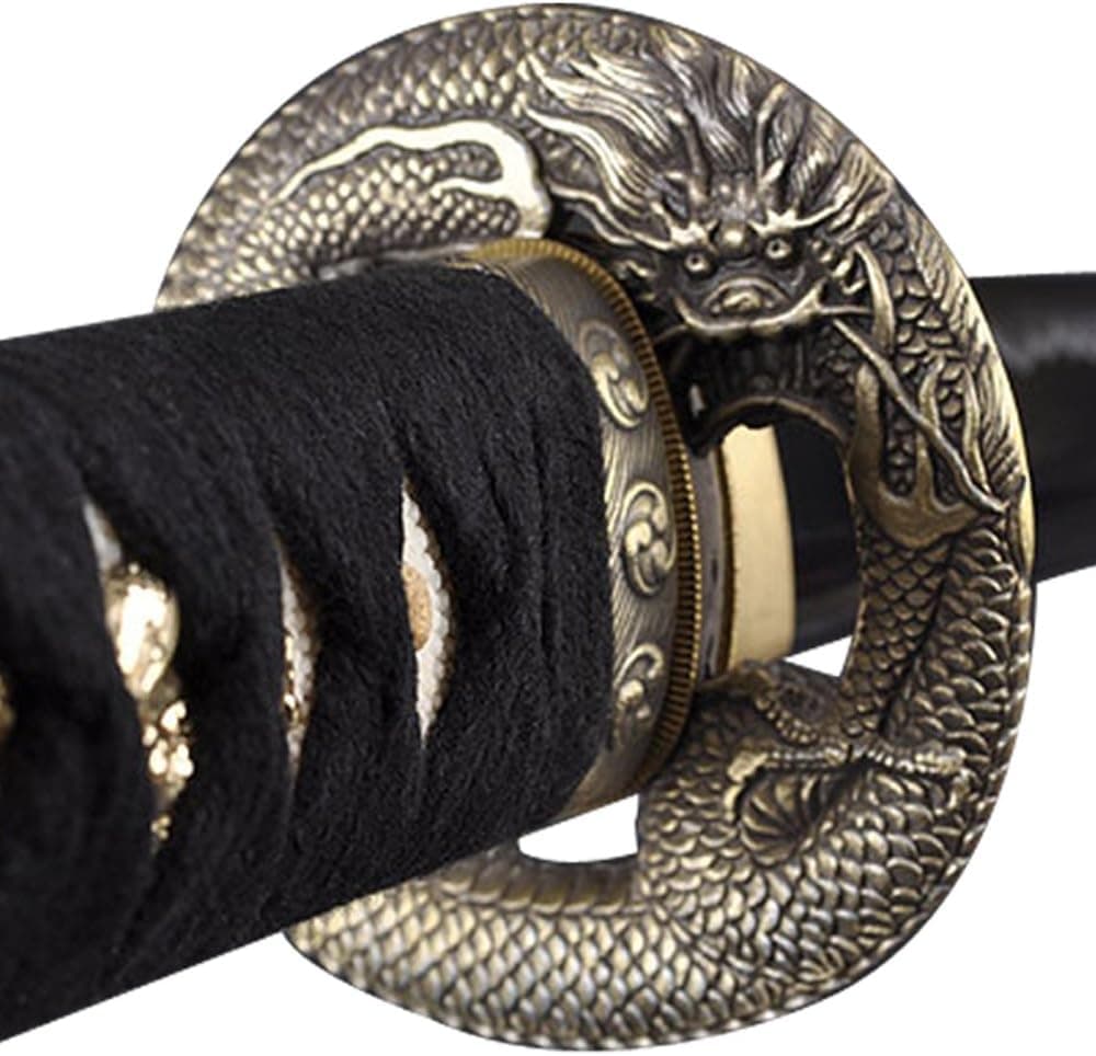 Handmade Sword - Fully Practical Samurai Katana Sword, Dragon Tsuba, 1045 Carbon Steel, Hand Forged Heat Tempered, Full Tang, Sharp, Red Black Scabbard
