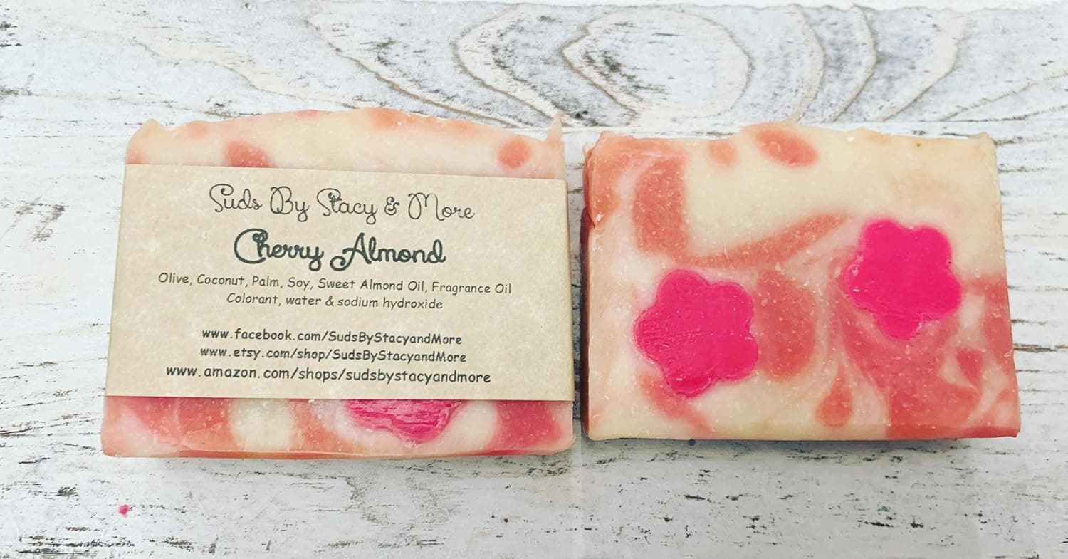 Suds By Stacy and More Cherry Almond Homemade Soap Bar (One 4 oz bar) cold processed with fragrance oils