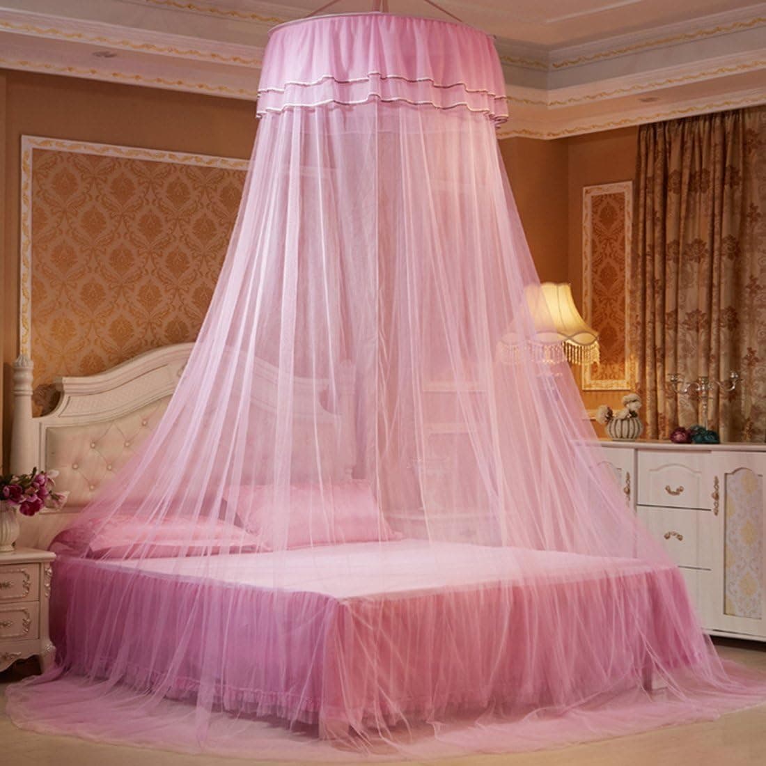 Petforu Mosquito Net Dome, Princess Bed Canopies Netting Elegant Lace with 2 Butterflies for Decor - Pink