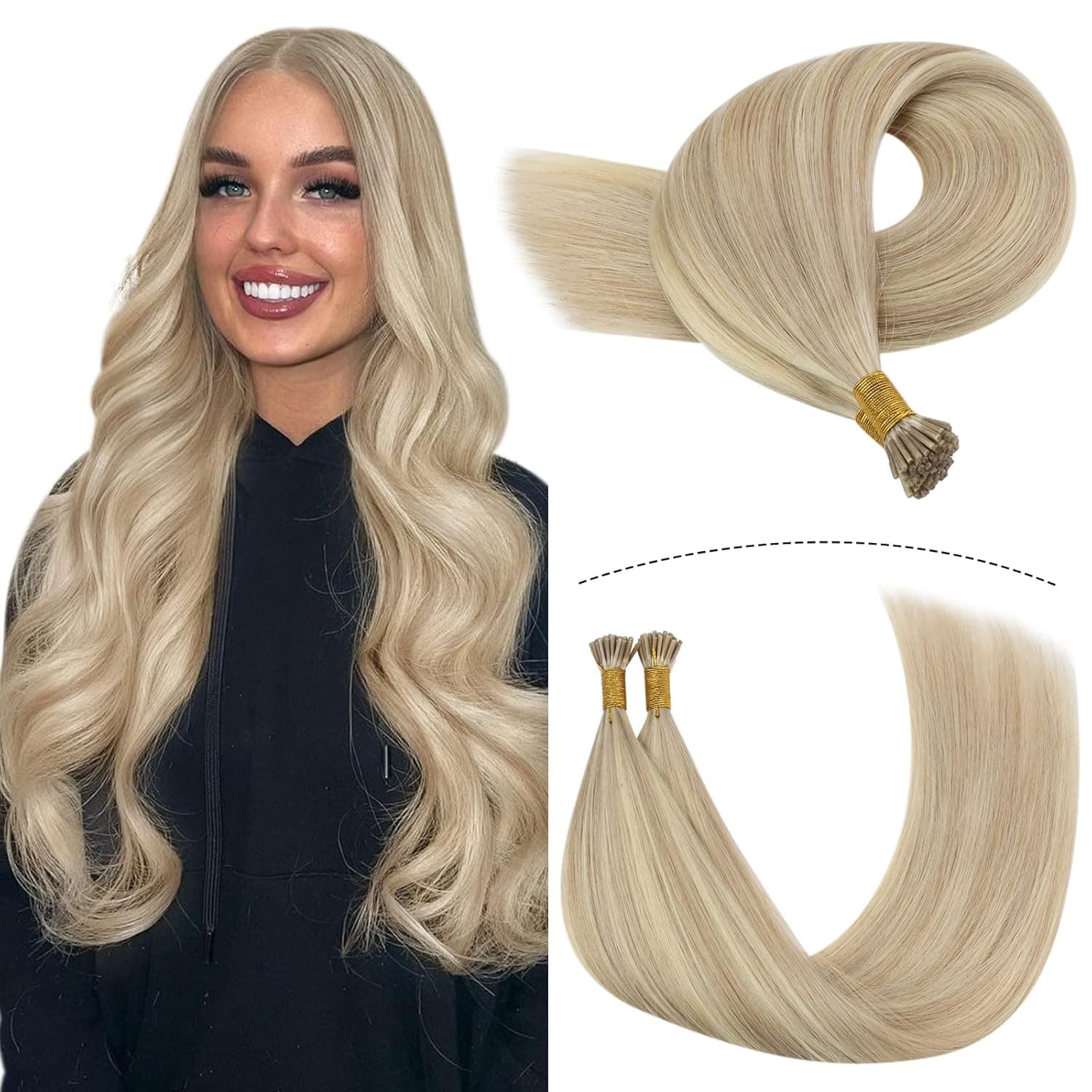 YoungSee Blonde I Tip Hair Extensions Human Hair 16 inch Pre Bonded I Tip Hair Extensions Ash Blonde Highlights with Bleach Blonde Human Hair I Tip Extensions 100 Strands 50g Blonde Itip Hair Extensions