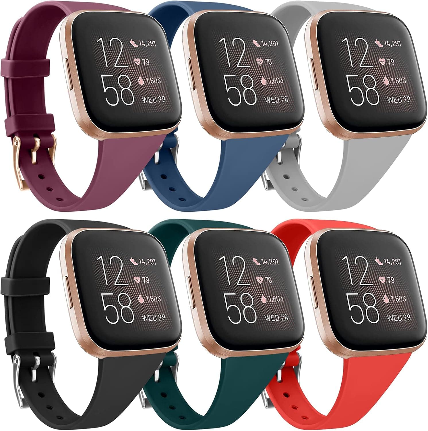 6 Pack Silicone Bands Compatible with Fitbit Versa 2 Bands / Fitbit Versa Bands /Versa Lite/Versa SE, Soft Silicone Slim Narrow Replacement Wristbands for Fitbit Versa 2 Smart Watch (6 Pack C, Large)