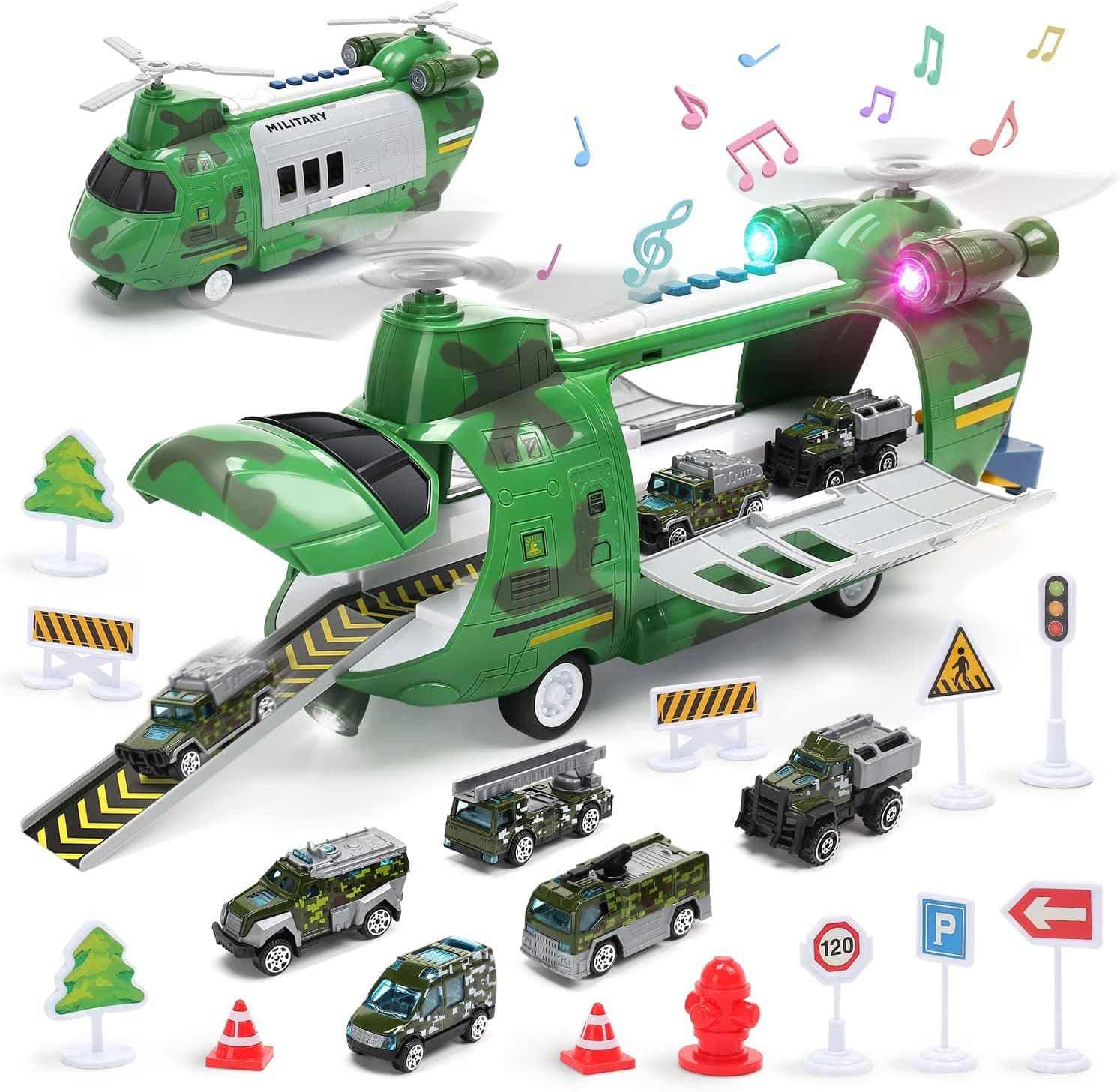 CUTE STONE 2-in-1 Amy Helicopter Toys, Boys Military Toy Friction Powered Helicopter w/Electric Rubber Propeller, Realistic Light & Music, Mini Vehicles, Traffic Road Signs, Vehicle Toy Set for Kids