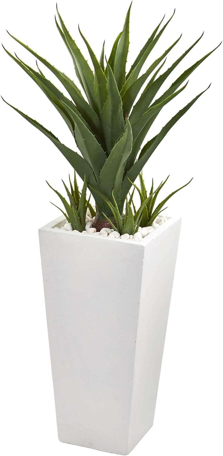 Nearly Natural 40” Spiky Agave Artificial White Planter Silk Plants, Green