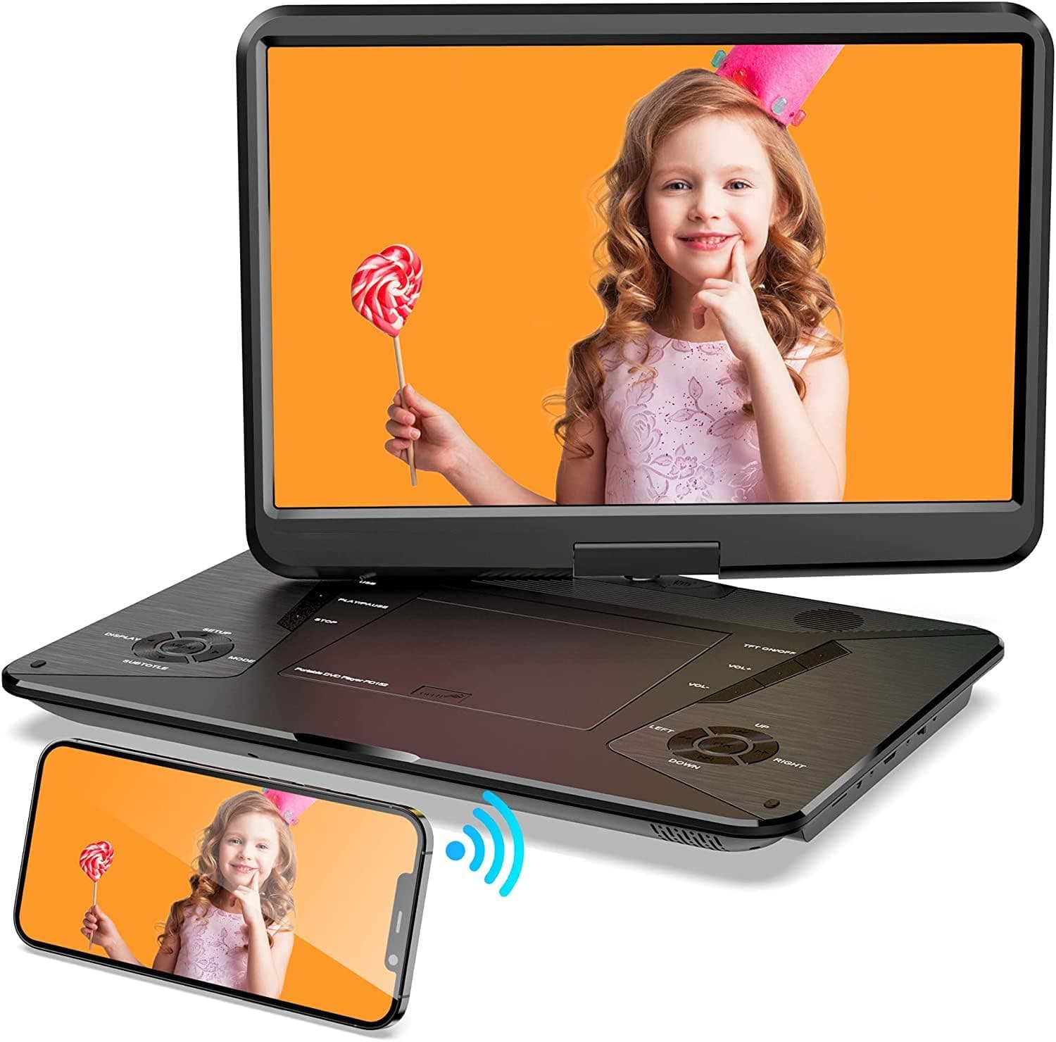 SUNPIN 17.9" Portable DVD Player with 15.6'' Large HD Swivel Screen, Screen Mirror Function, HDMI Input, Dolby Digital, 6 Hours Rechargeable Battery, Support USB and Multiple Disc Formats, Sync TV