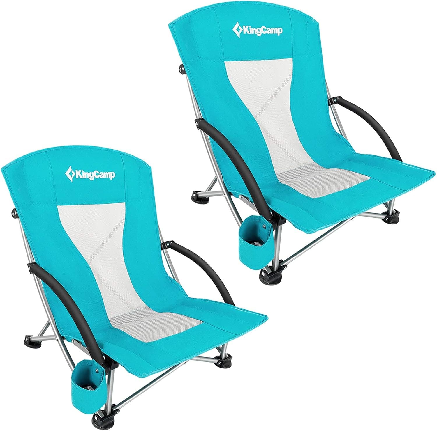 KingCamp Low Seat Beach Chair Camping Concert Folding Chair with Armrest and Cup Holder, 2 Sets