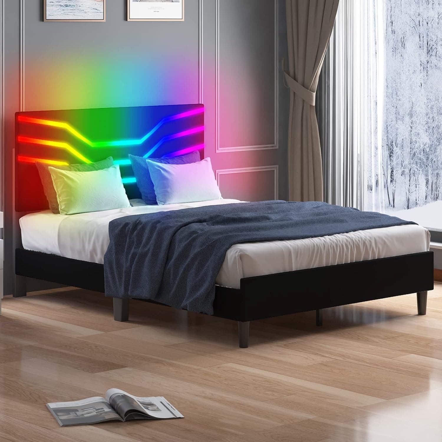 BALUS Smart LED Platform Bed Frame with Headboard,Twin Upholstered Gaming Bed Frame / Wood Slat Support/Color Changing with Music, App Control, Smart Bedroom Series (Twin)