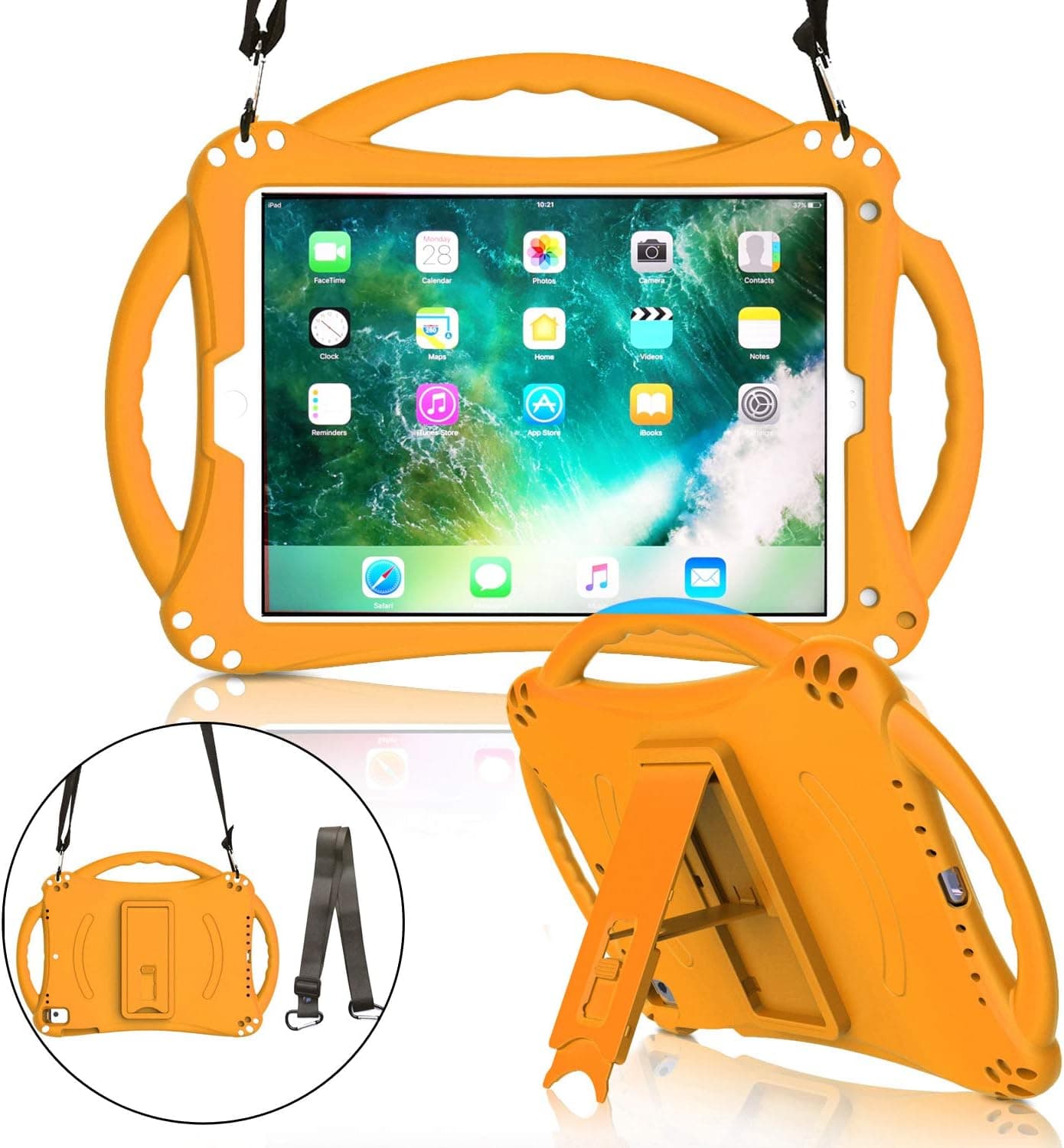 MENZO Case for New iPad 9.7 Inch 2018 / 2017 - Soft Silicone Shockproof Lightweight Handle Stand Shoulder Strap Kids Case for Apple iPad 9.7 2018/2017 (iPad 6th & 5th Generation) Latest Model - Orange