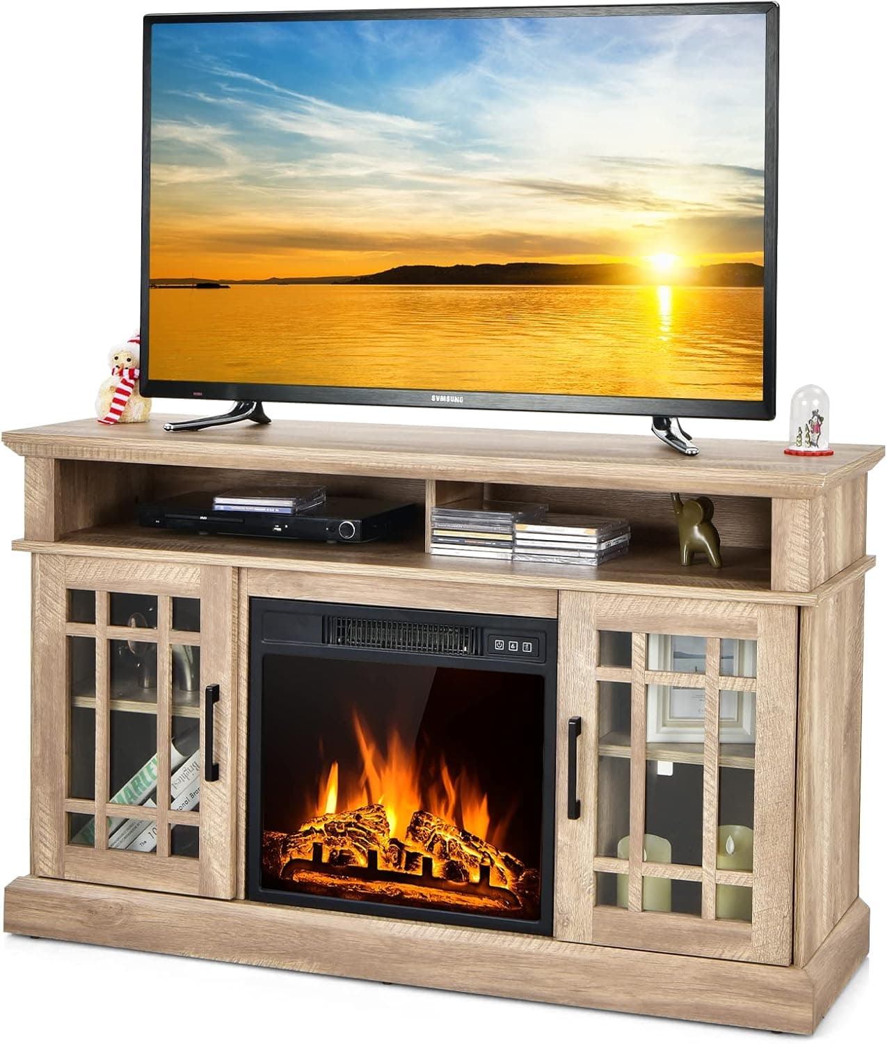 Happygrill 48 inch Electric Fireplace TV Stand with Remote Control, TV Stand with Fireplace Heater, Multifunctional Console Table with Storage Cabinets