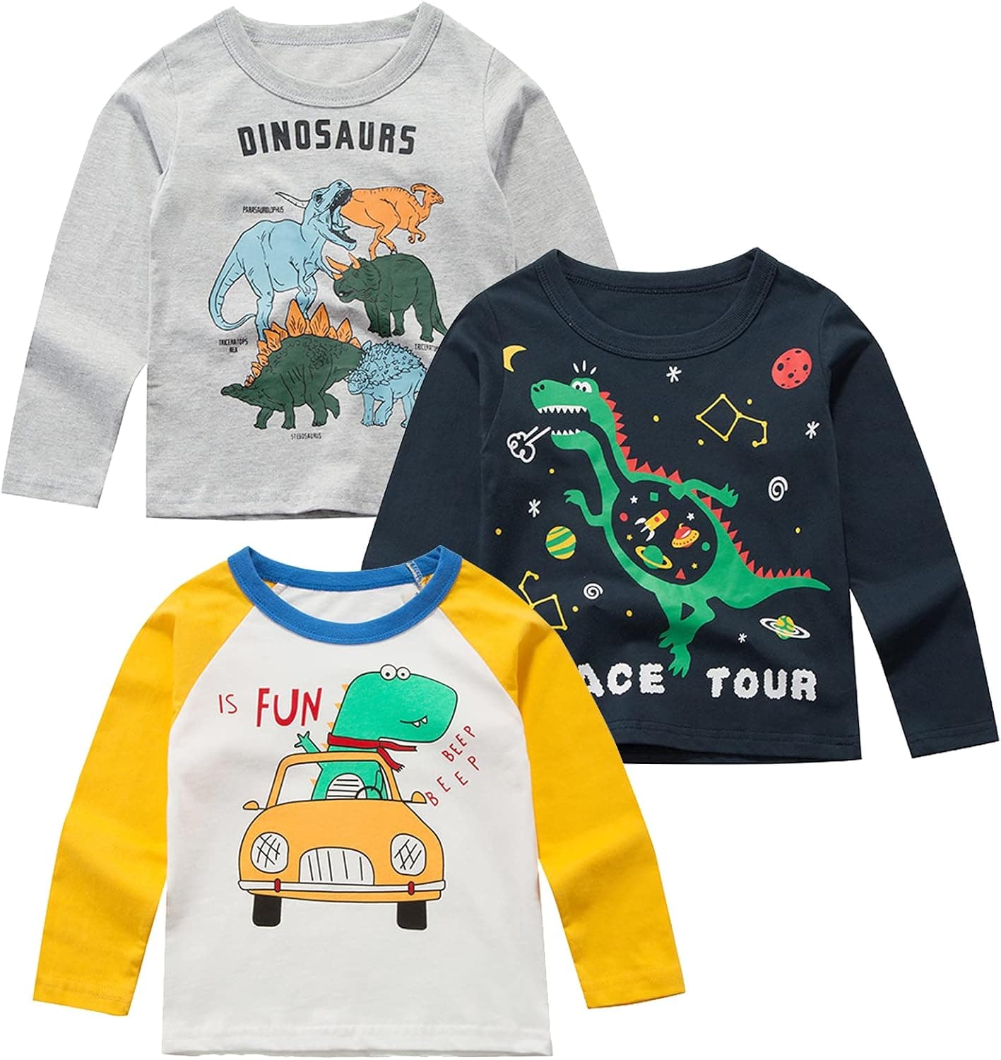 Kumary Toddler Boys' 3-Pack Long Sleeve T-Shirt Cotton Casual Winter Crewneck Dinosaurs Cars Graphic Tops Tees Kids 2-6 Years