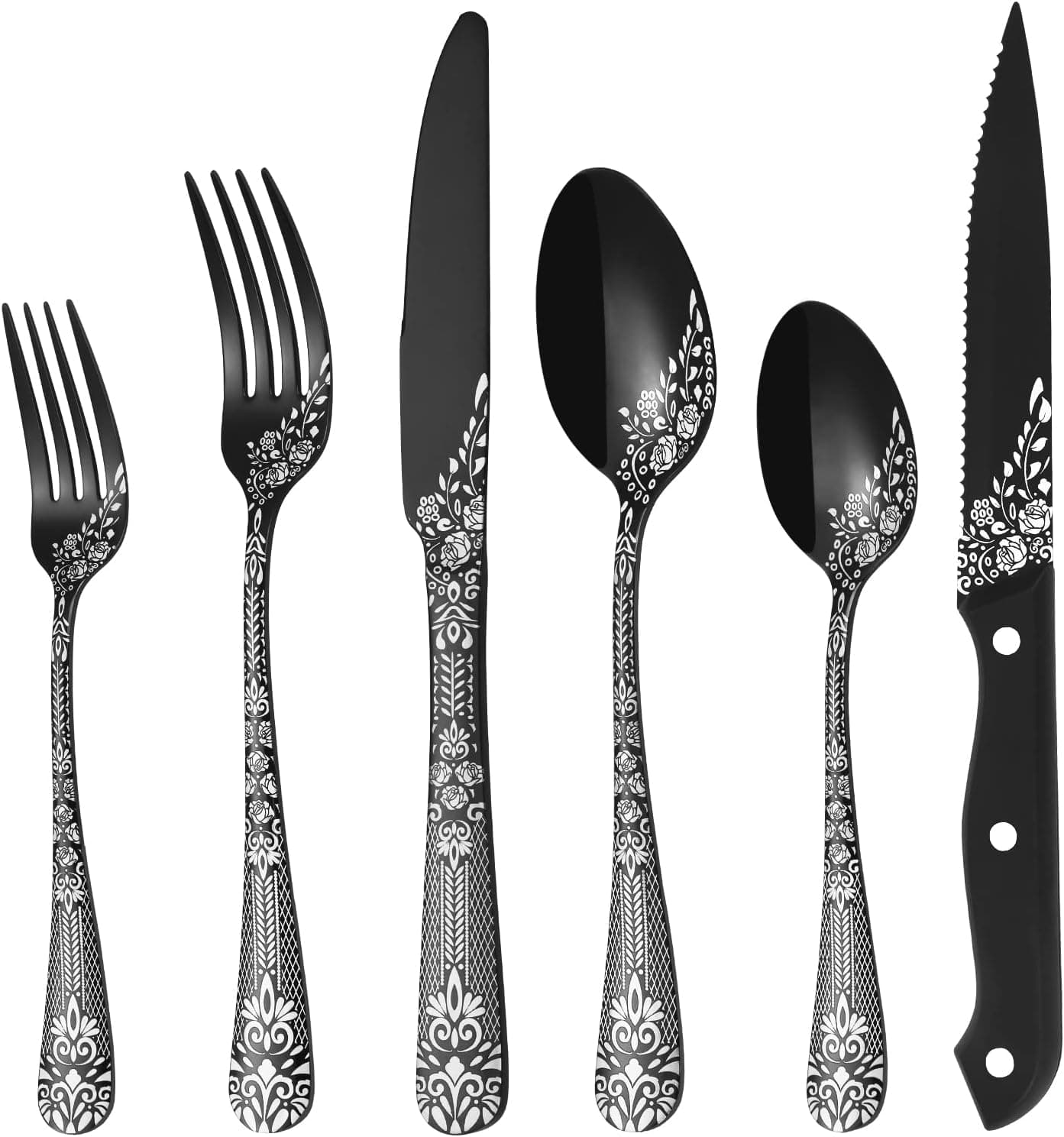 EUIRIO 36-Piece Black Silverware Set with Steak Knives, Black Flatware Set for 6, Stainless Steel Mirror Cutlery Set, Spoons Forks Knives Set with Unique Floral Laser, Eating Utensils, Dishwasher Safe