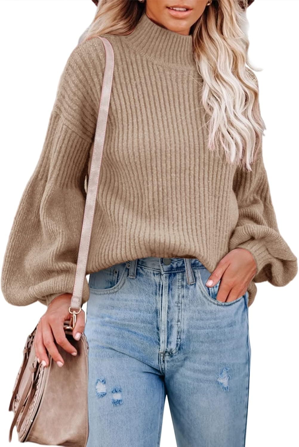 Women's Lantern Balloon Sleeve Mock Neck Pullover Sweaters Ribbed Turtleneck Side Split Tops Soft Knit Sweater Jumper Khaki