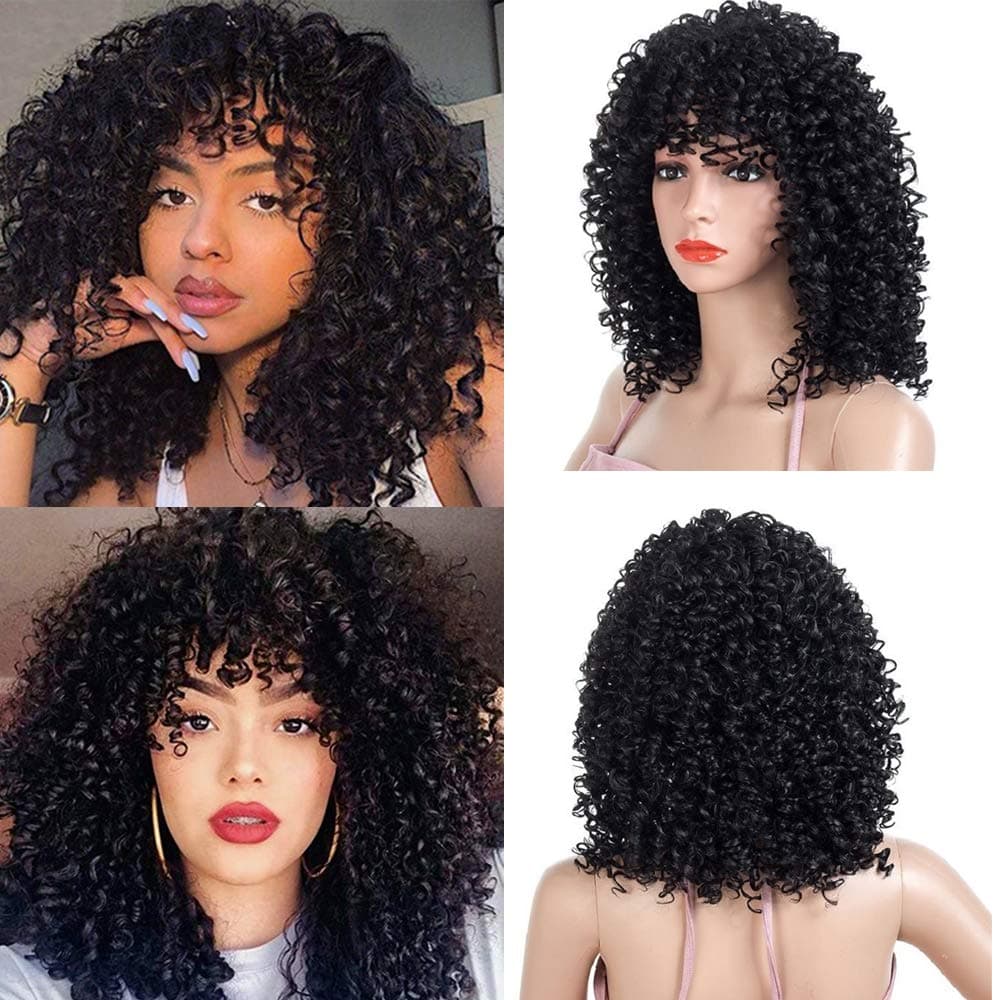 Fine Plus Afro Curly Wigs with Bangs for Black Women Natural Black None Kinky Curly Synthetic Lace Wigs Heat Resistant Synthetic Bouncy Curls Full Machine Short Curly Wigs
