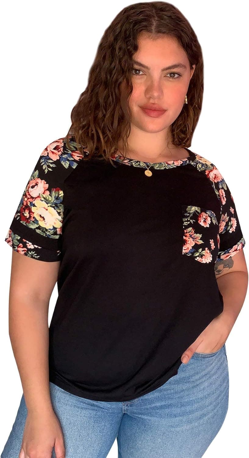 Romwe Women's Plus Size Casual Print Short Sleeve Crew Neck Solid Blouse